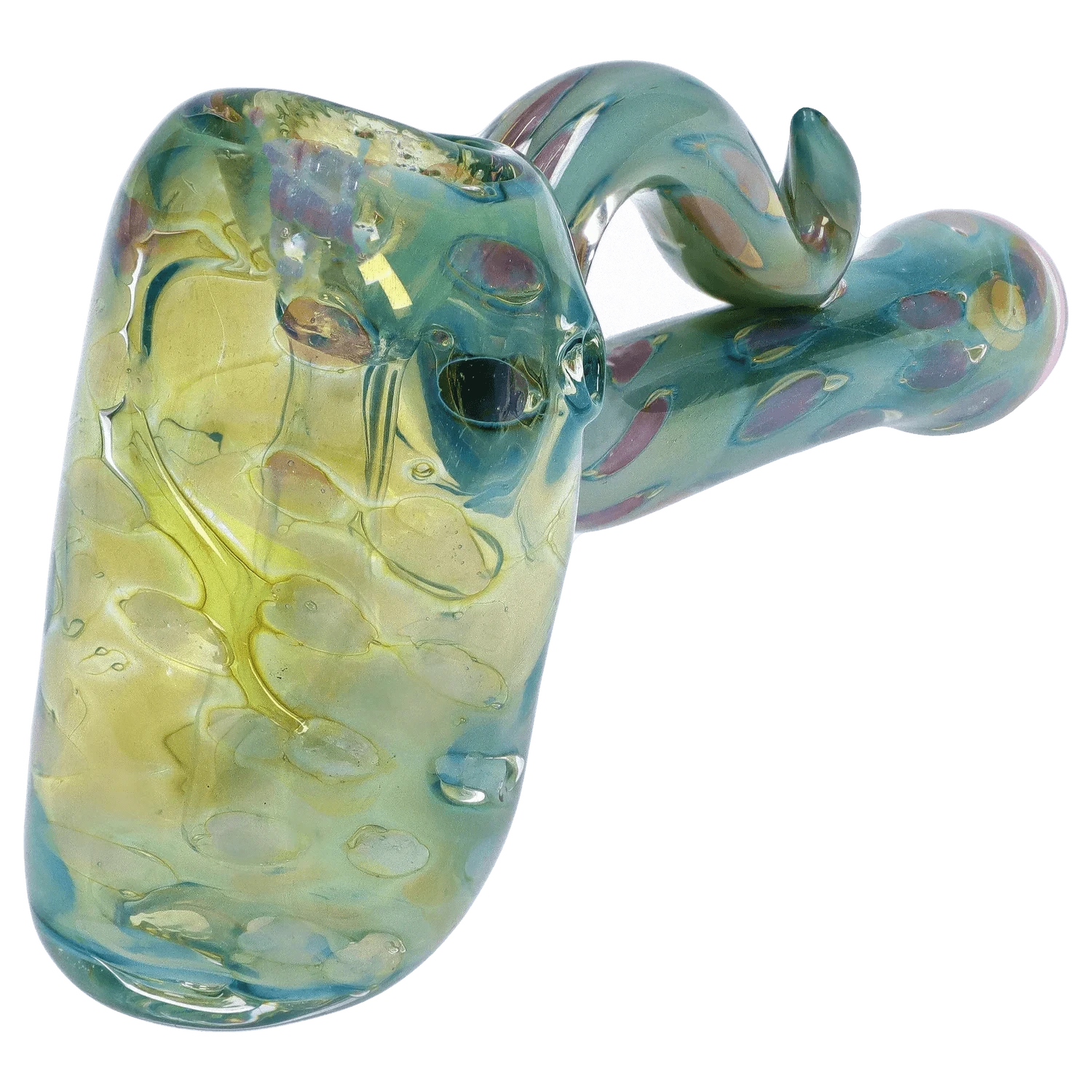 Close-up angled view of the DHC Gold Fume Bubble Trap Hammer Bubbler - 6 in. showing iridescent green and yellow glass with a curled handle and scattered purple spots