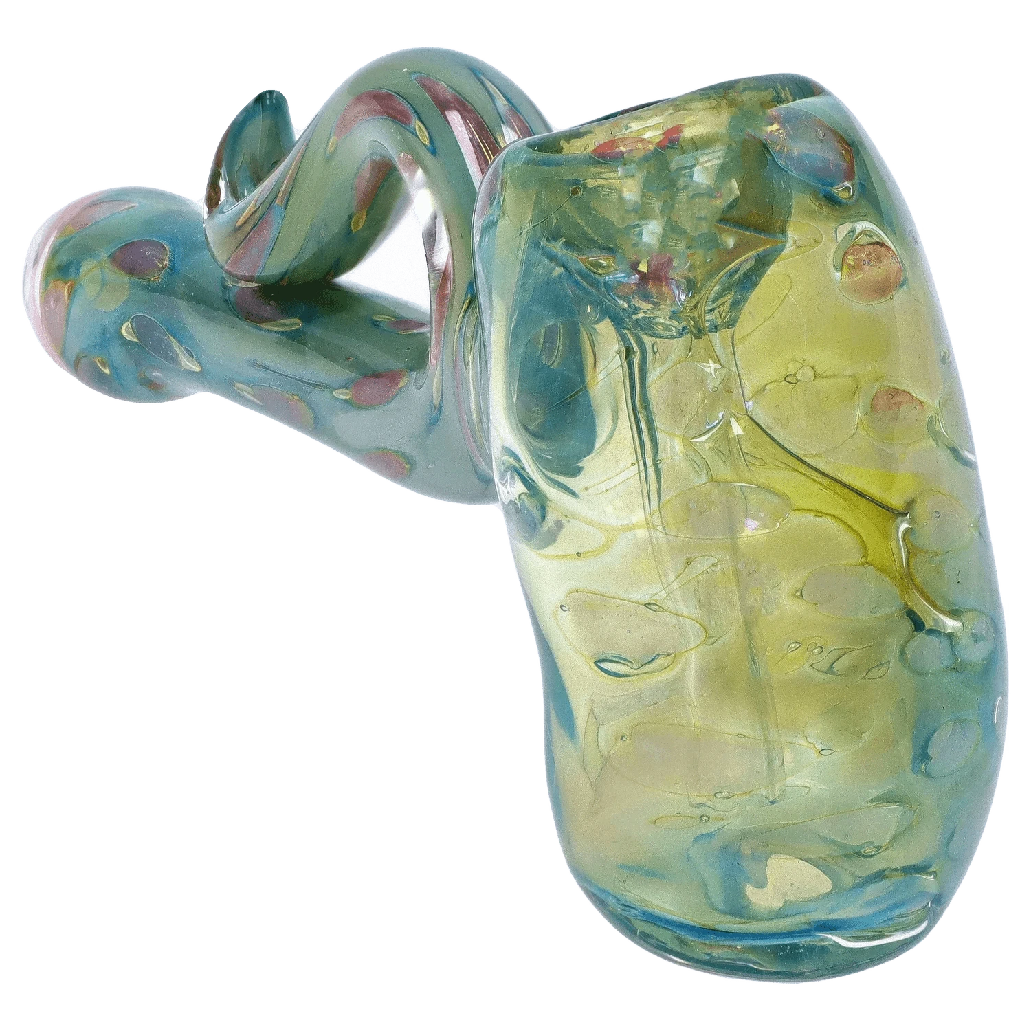 Angled close-up of the iridescent glass DHC Gold Fume Bubble Trap Hammer Bubbler - 6 in., showing greenish-yellow swirls, pink dots, and a twisted handle.