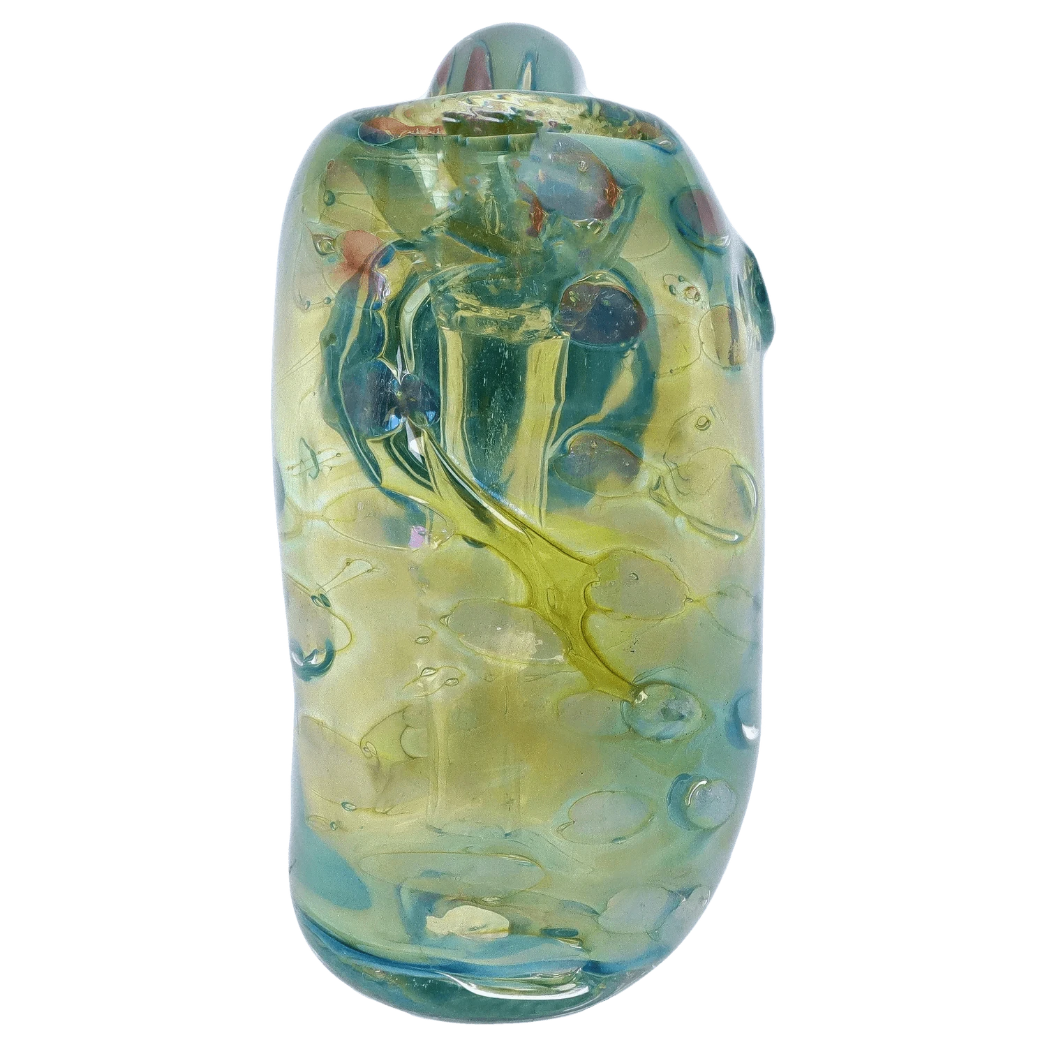 Close-up front view of the DHC Gold Fume Bubble Trap Hammer Bubbler - 6 in., showing swirled green and gold glass with internal bubbles and a rounded top.