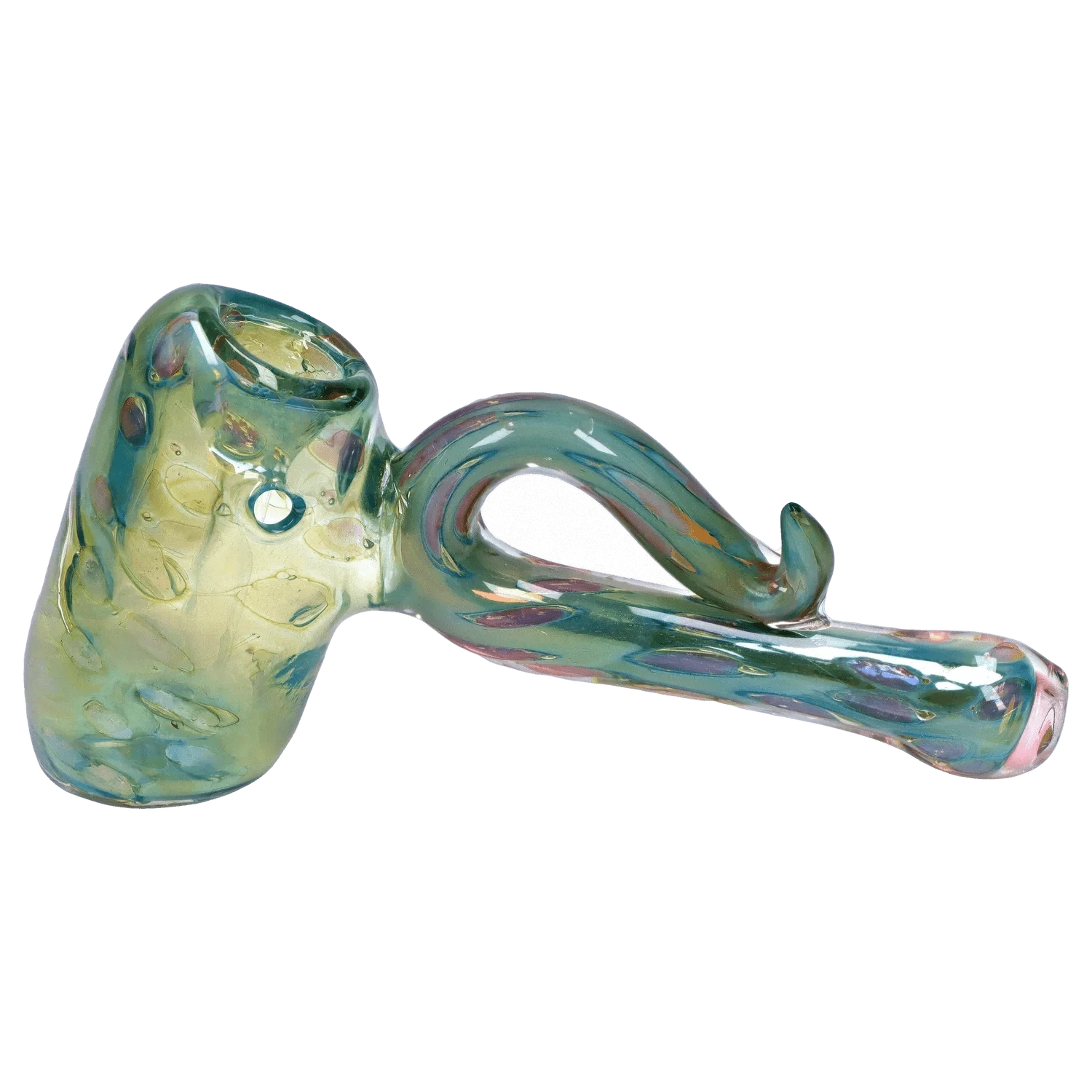 Angled close-up of the iridescent DHC Gold Fume Bubble Trap Hammer Bubbler - 6 in., showing its green-gold bubbled chamber and curved teal handle.
