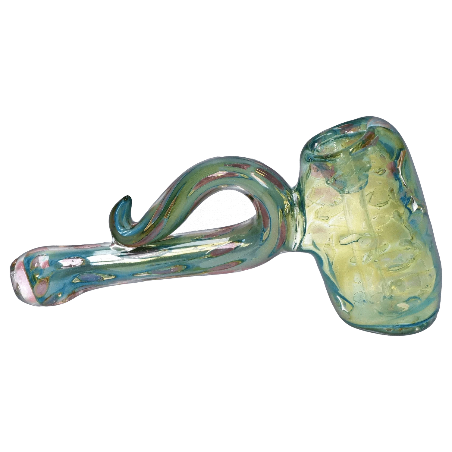 Angled close-up of the iridescent DHC Gold Fume Bubble Trap Hammer Bubbler - 6 in., showing its curled handle and textured bowl.