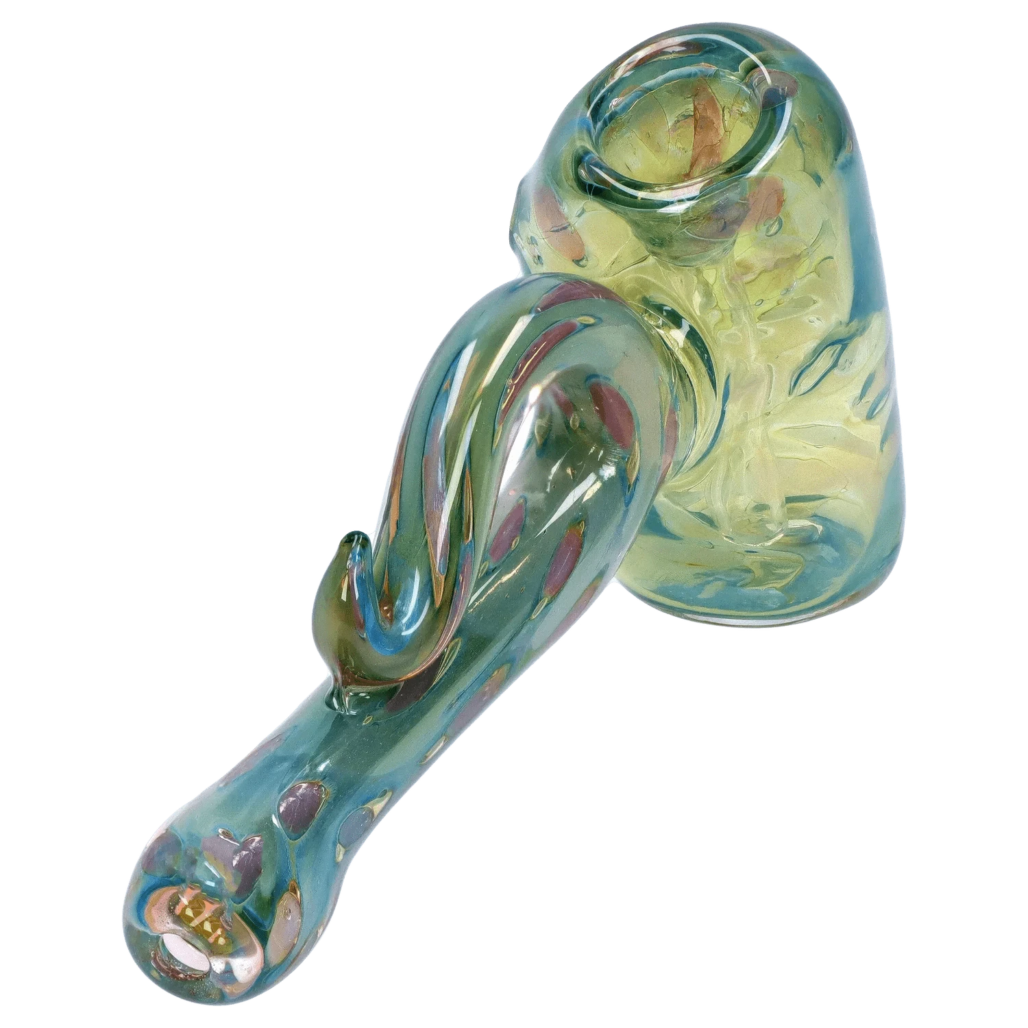 Angled close-up of the iridescent DHC Gold Fume Bubble Trap Hammer Bubbler - 6 in., showing its curved handle, bubble trap chamber, and swirling green-gold glass finish