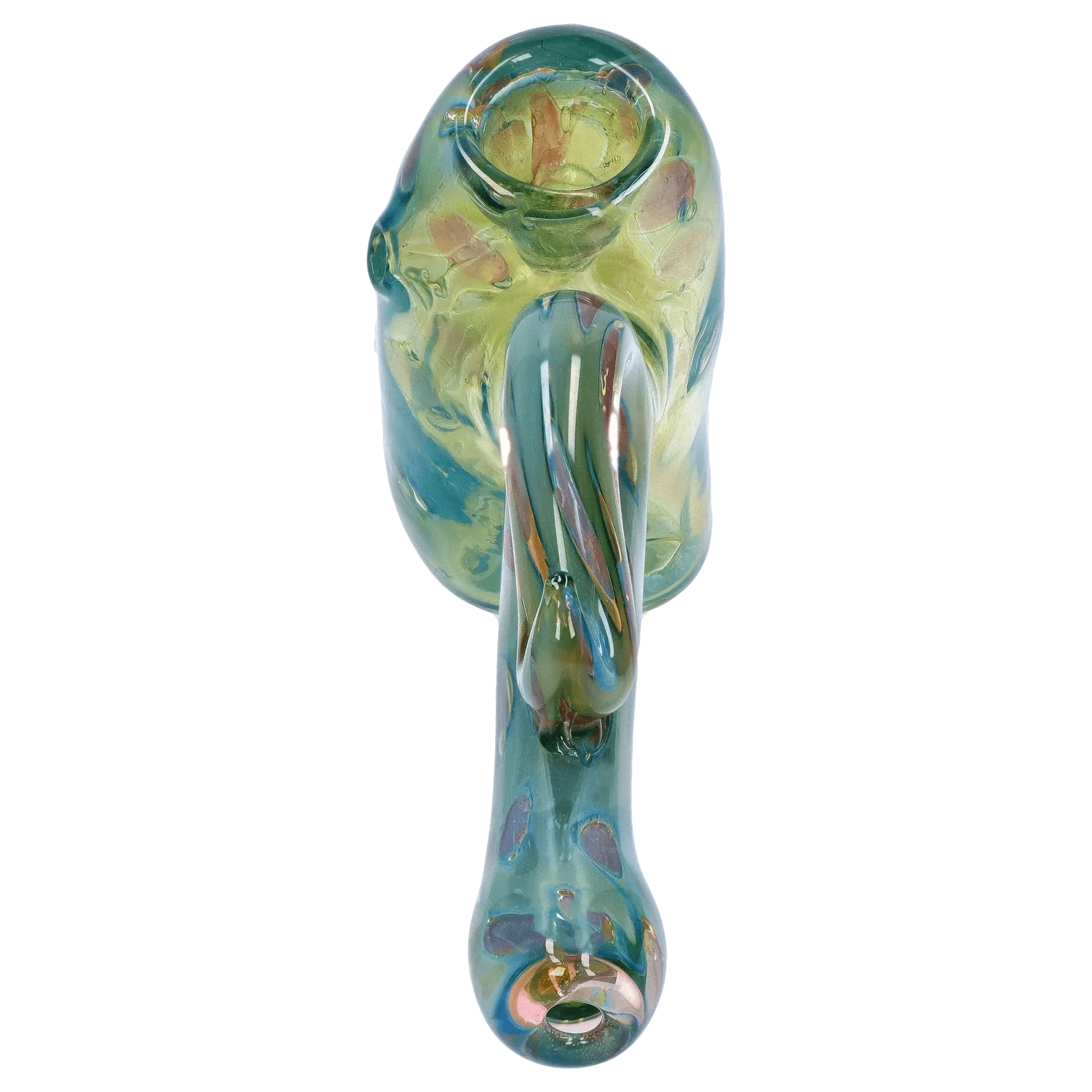 Top-down view of the DHC Gold Fume Bubble Trap Hammer Bubbler - 6 in., showing its iridescent green-blue glass bowl and twisted bubble-trap detail.