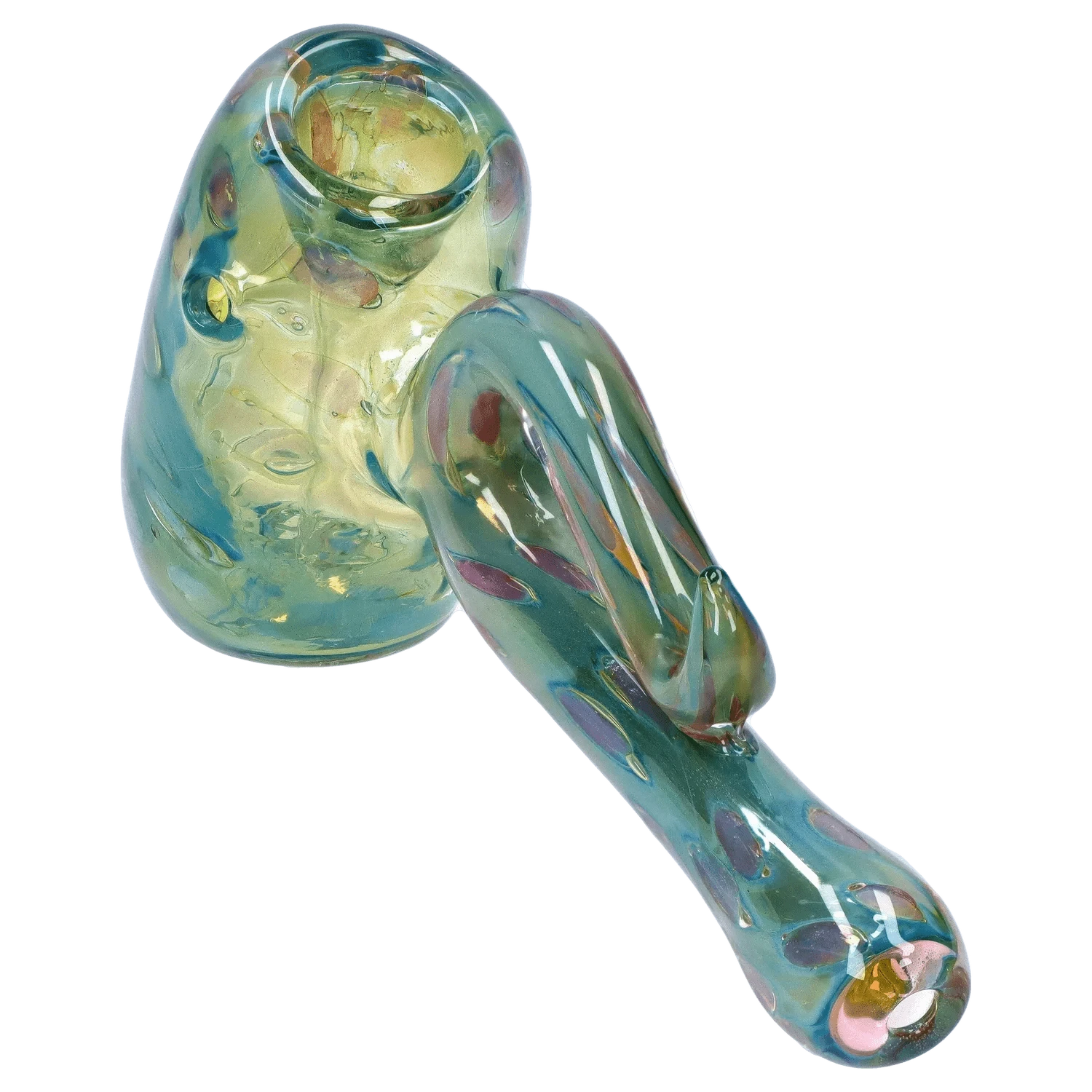 Top-down angled view of the DHC Gold Fume Bubble Trap Hammer Bubbler - 6 in., showing its iridescent green-blue glass body with a rounded bowl and curved handle.