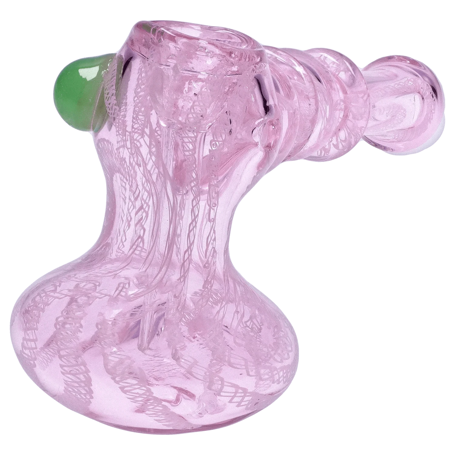 Angled close-up of the translucent pink 6 in. DHC Pink Twist Hammer Bubbler showing its bulbous base, twisted neck and green-tipped mouthpiece.