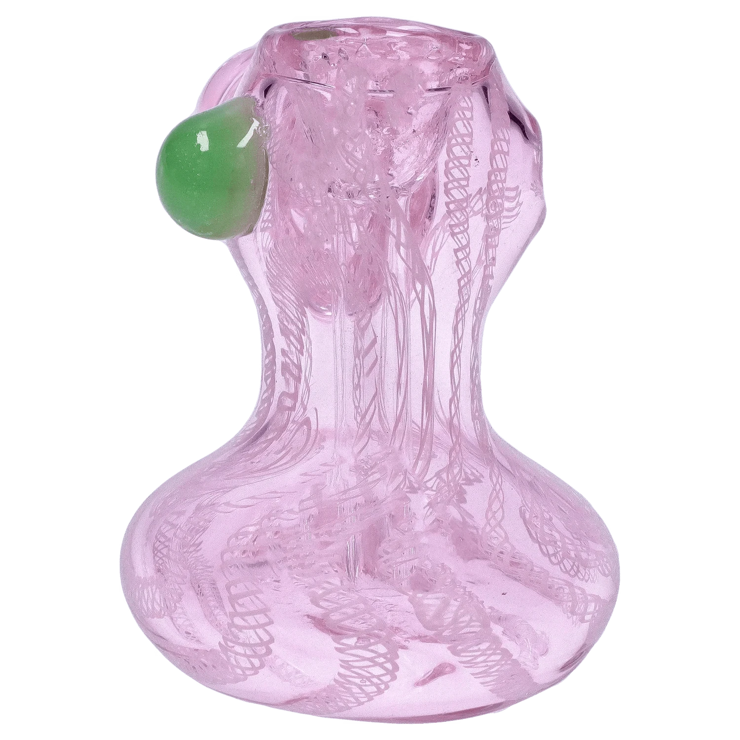 Close-up front view of the pink glass DHC Pink Twist Hammer Bubbler - 6 in. showing its bulbous base, textured inner twist patterns and a green glass carb nub.