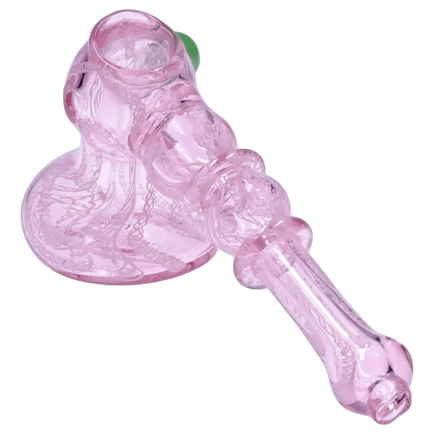 Angled close-up of the translucent pink DHC Pink Twist Hammer Bubbler - 6 in., showing its rounded base, twisted neck and glossy glass finish