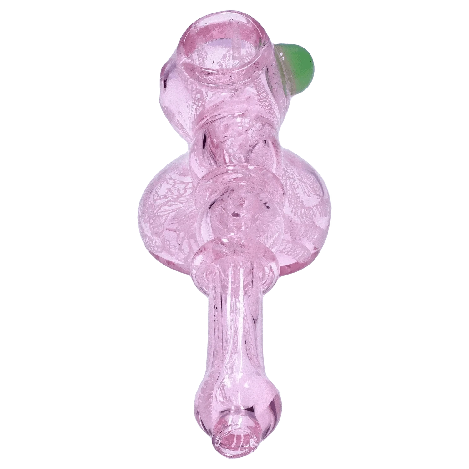 Top-down close-up of the translucent pink DHC Pink Twist Hammer Bubbler - 6 in., showing its bulbous chamber, curved neck, and green side accent.