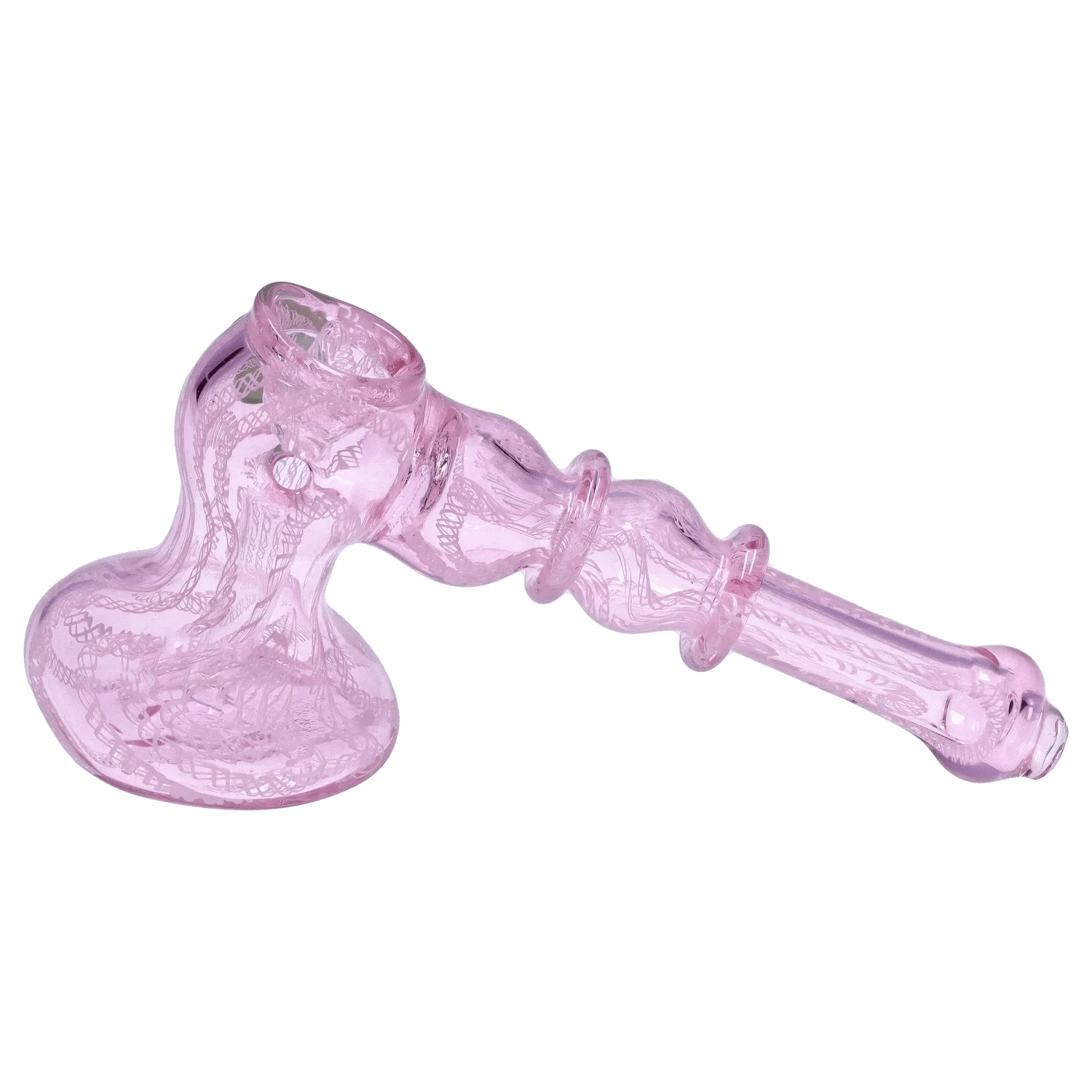Angled close-up of the translucent pink DHC Pink Twist Hammer Bubbler - 6 in., showing its bulbous base, twisted stem, and clear glass texture
