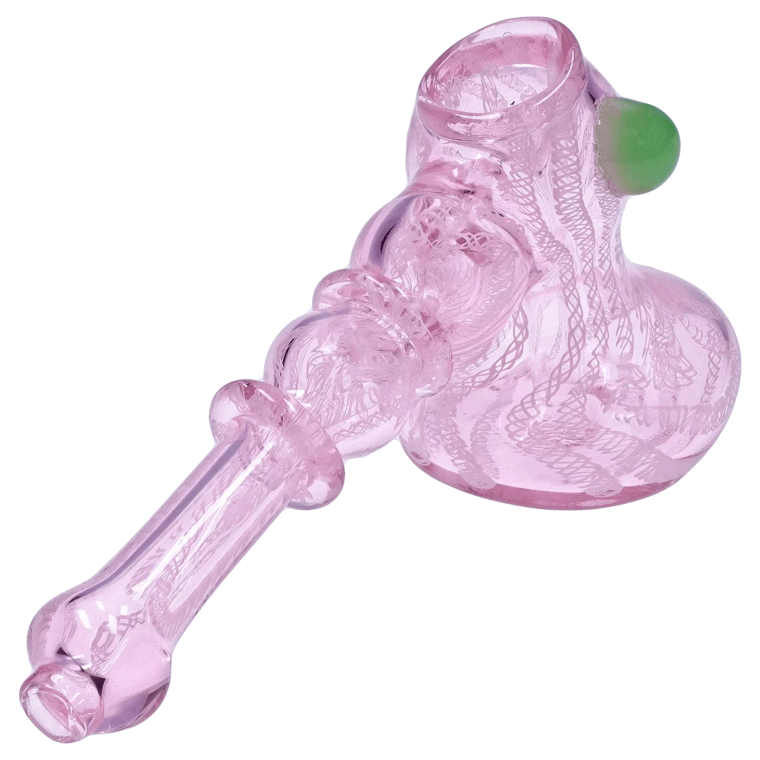 Angled close-up of the translucent pink DHC Pink Twist Hammer Bubbler - 6 in. showing its twisted internal filigree and green accent.