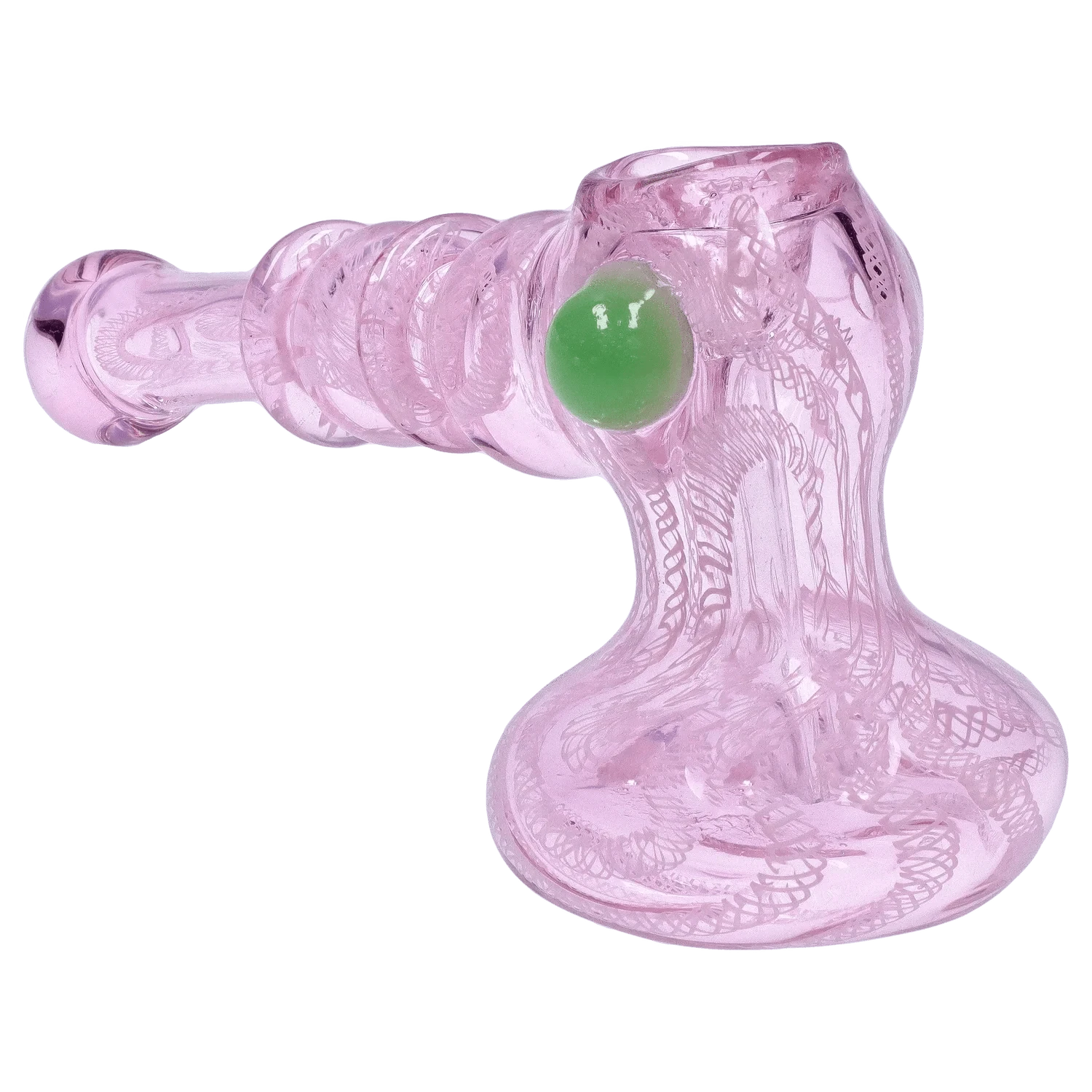 Close-up angled view of the pink glass DHC Pink Twist Hammer Bubbler - 6 in. showing its textured twisted neck and a green marble accent.