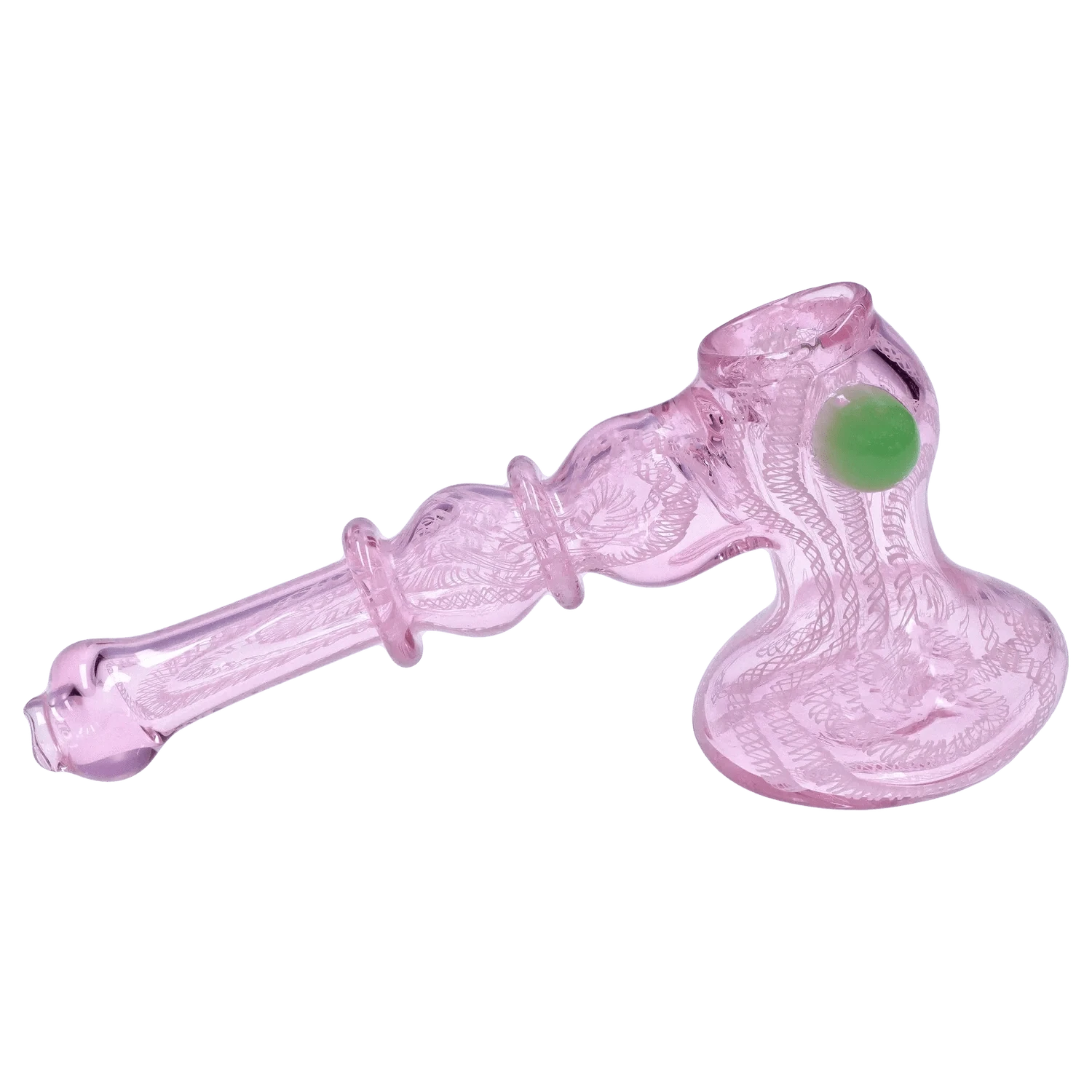 Angled side view of the pink 6 in. DHC Pink Twist Hammer Bubbler showing its twisted glass stem, rounded base, and green glass accent.