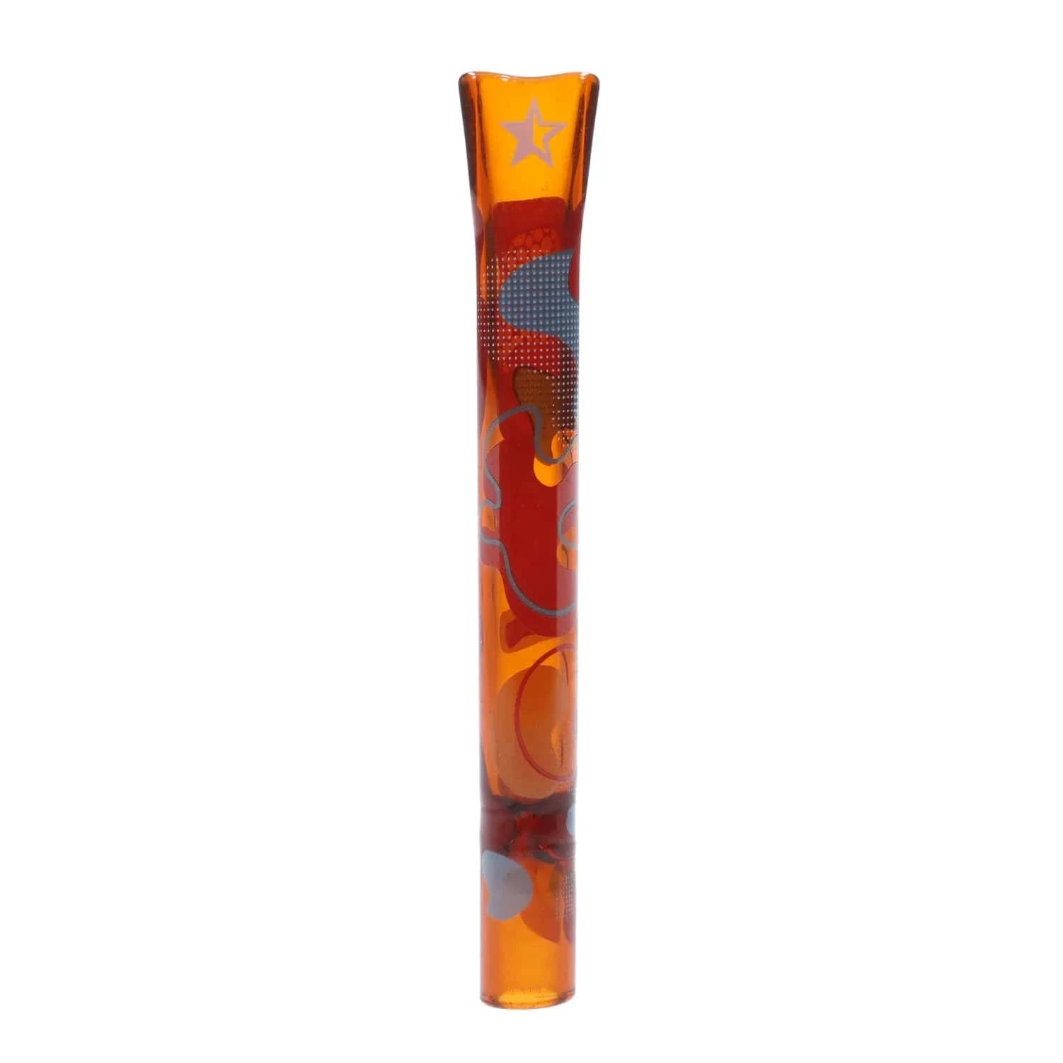 Vertical close-up of the orange glass "Famous Design Papaya Chillum - 4 in." showing a tapered mouth, star decal, and wavy red and gray patterned details.