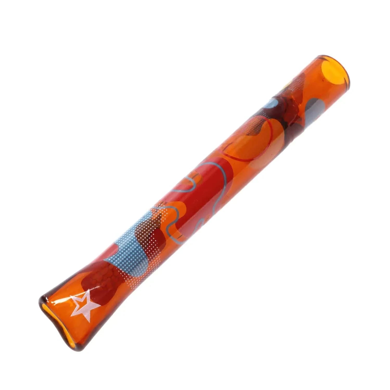 Angled close-up of the orange Famous Design Papaya Chillum - 4 in. with colorful abstract dots and wavy patterns along its length