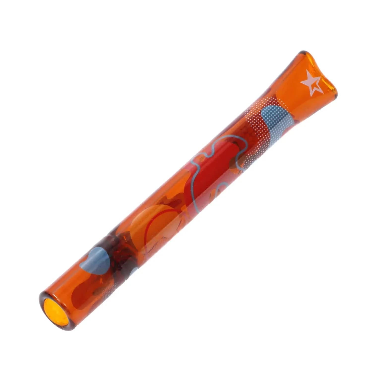 Angled close-up of the orange glass Famous Design Papaya Chillum - 4 in. showing colorful dot and swirl patterns and a white star near the mouthpiece
