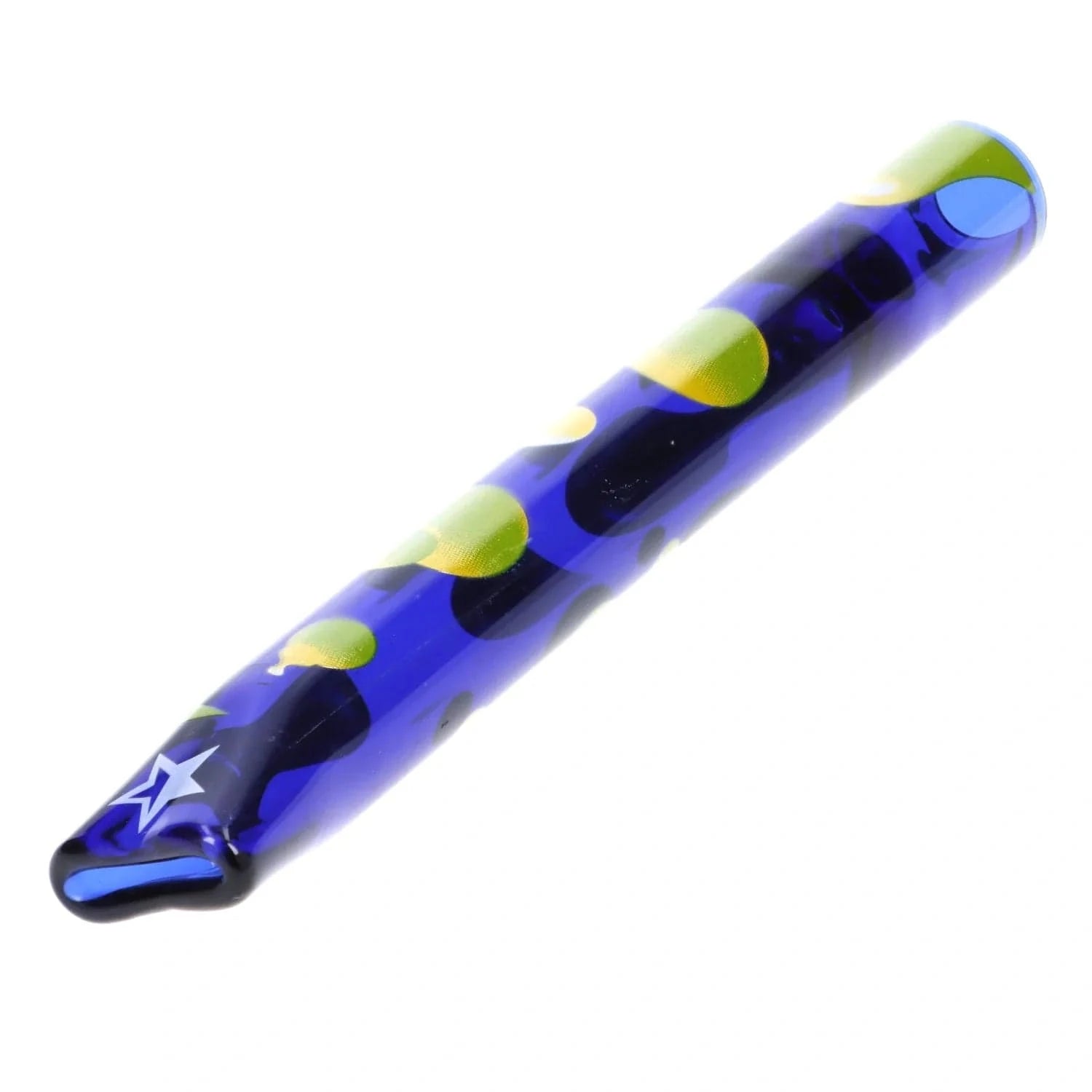 Diagonal close-up of the Famous Design Privilege Chillum - 4 in. showing a blue glass tube with green teardrop spots and a white star near the mouthpiece