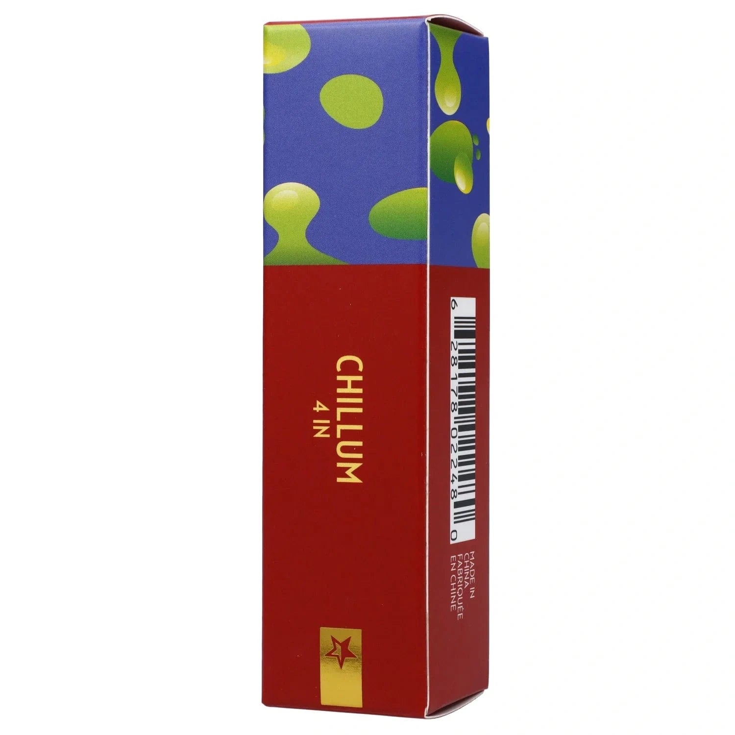 Tall vertical view of the Famous Design Privilege Chillum - 4 in. box showing red lower panels, a blue top with green bubble patterns, and a side barcode.