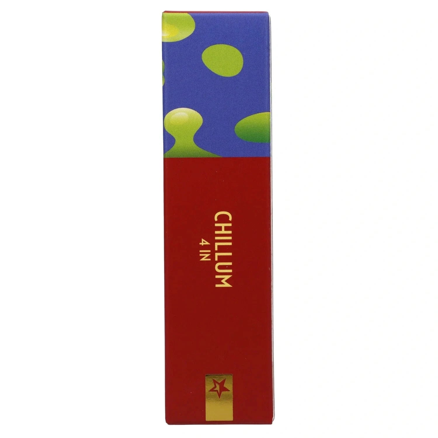 Vertical front view of the Famous Design Privilege Chillum - 4 in. box with red lower half and blue top decorated with green blobs.