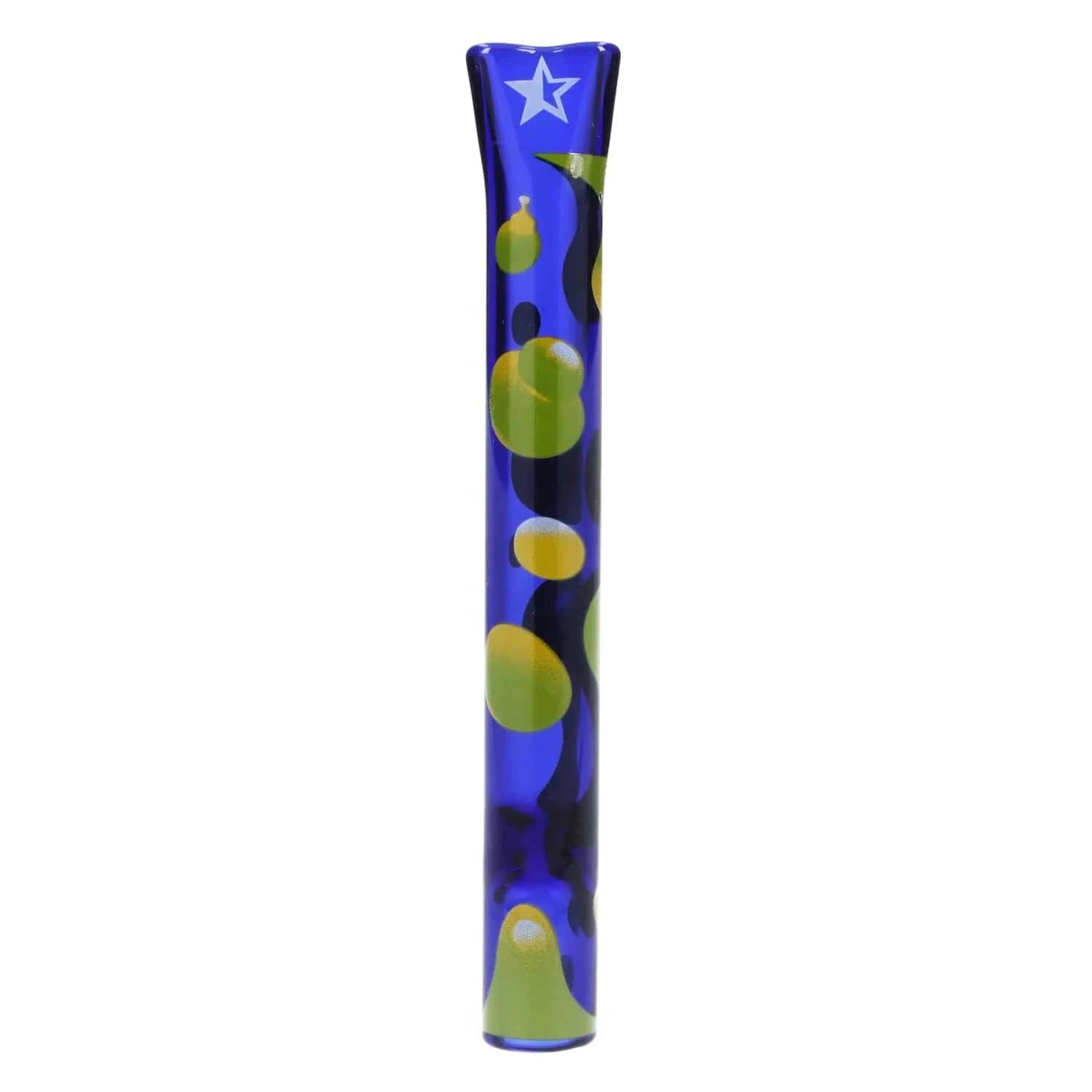 Straight vertical view of the blue glass Famous Design Privilege Chillum - 4 in. decorated with green and yellow bubbles and a white star near the mouth.