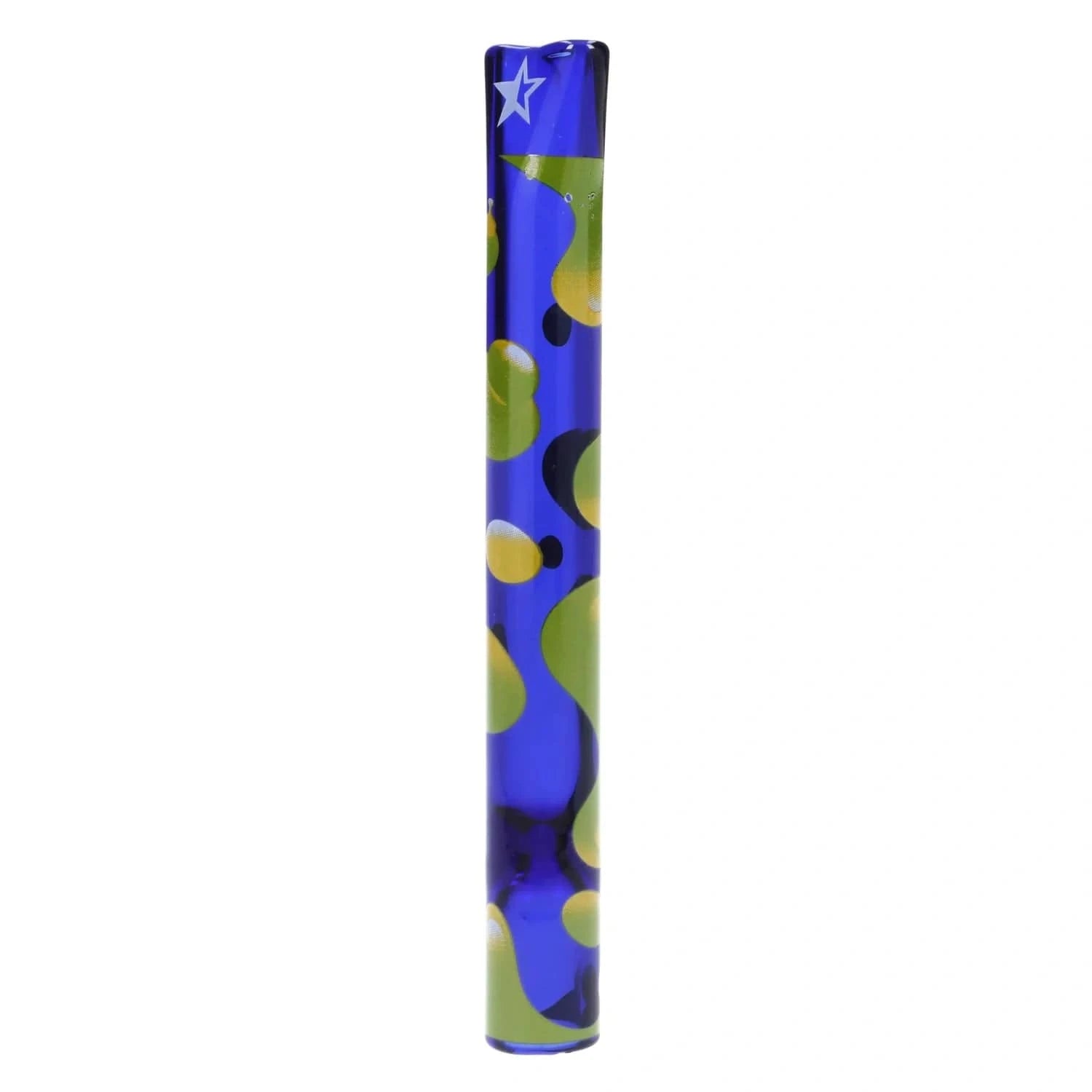 Straight-on view of the blue glass Famous Design Privilege Chillum - 4 in. decorated with green and yellow bubble patterns and a white star near the mouth.