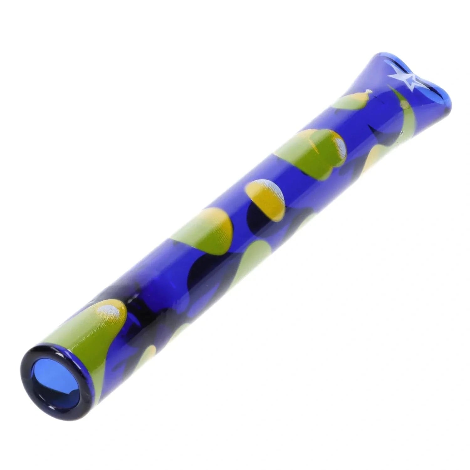 Angled close-up of the blue glass Famous Design Privilege Chillum - 4 in. decorated with green and yellow teardrop shapes and a white star near the mouthpiece