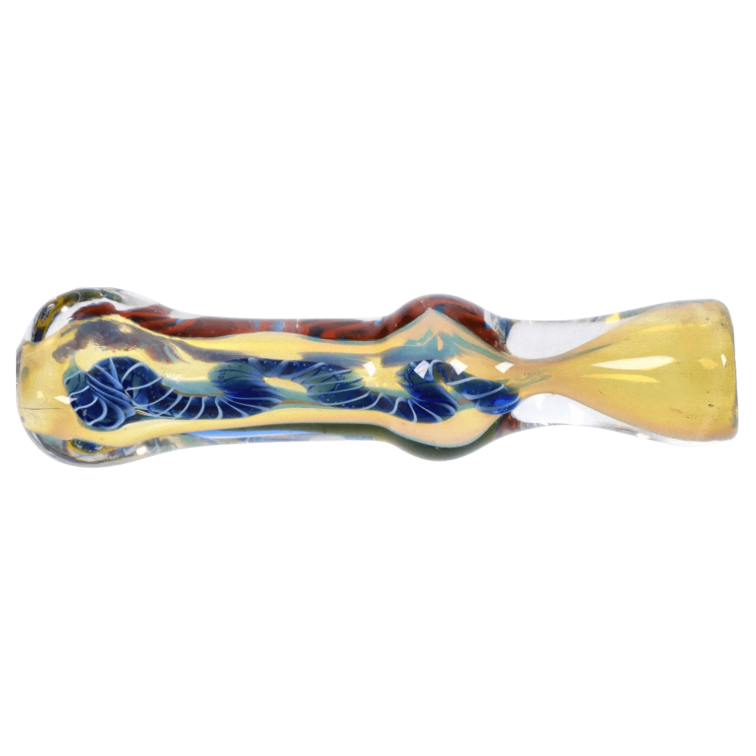 Top-down view of a yellow-tinted glass pipe with blue twisted cane accents labeled DHC Color Twisting Fumed One Hitter.