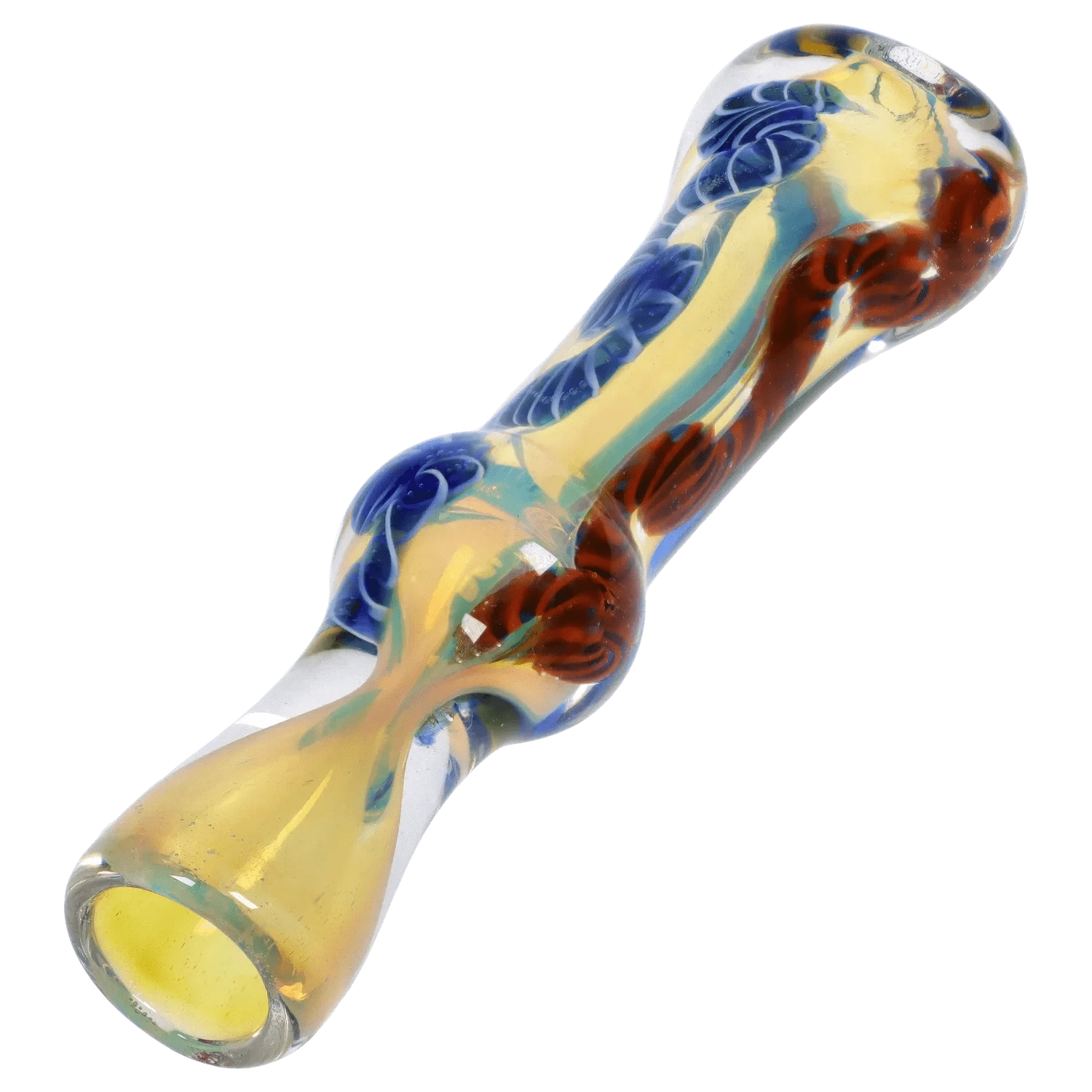 Angled close-up of the DHC Color Twisting Fumed One Hitter showing its yellow glass body with blue and red twisted patterns.