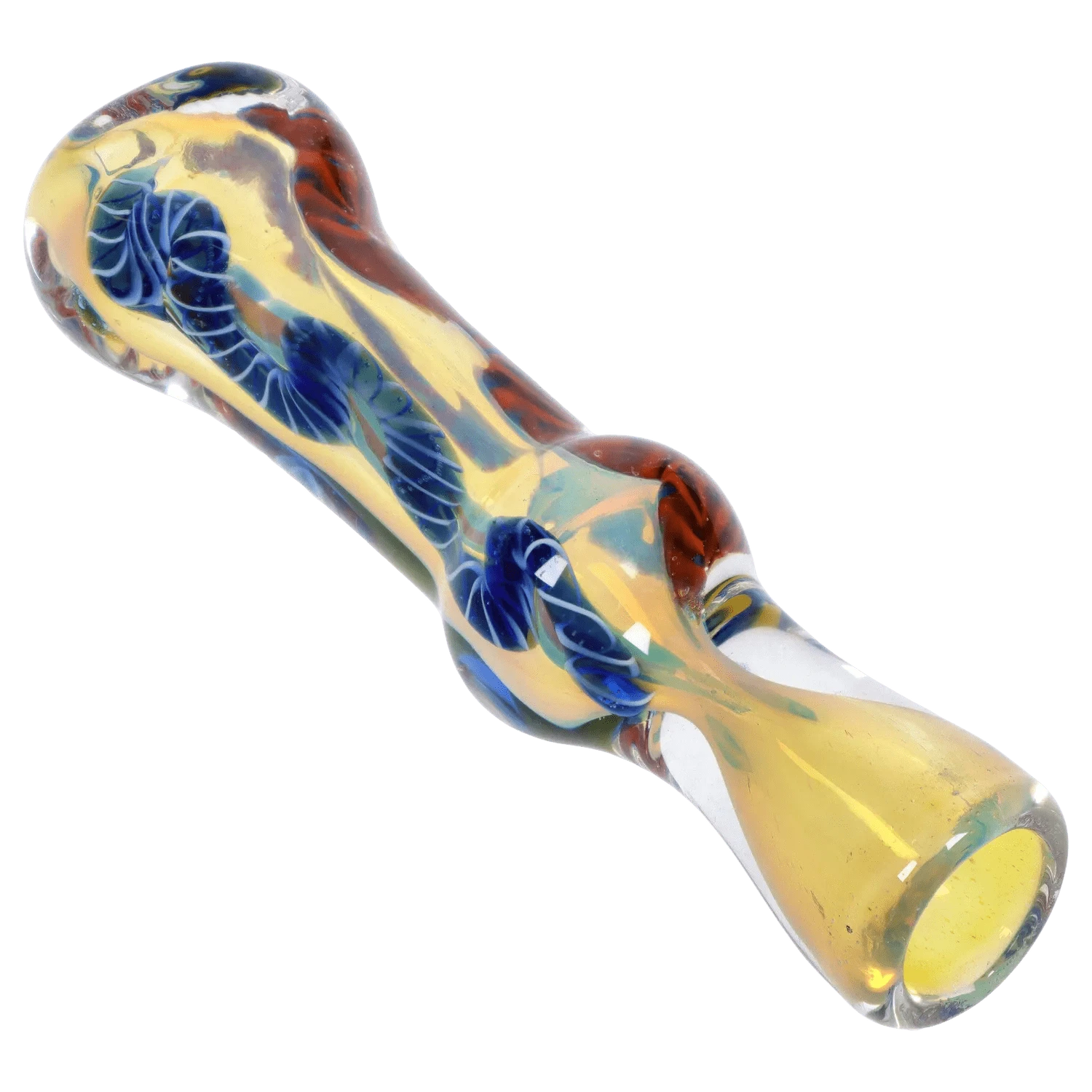 Angled close-up of a handcrafted glass DHC Color Twisting Fumed One Hitter showing yellow iridescent glass with blue twisted cane accents.