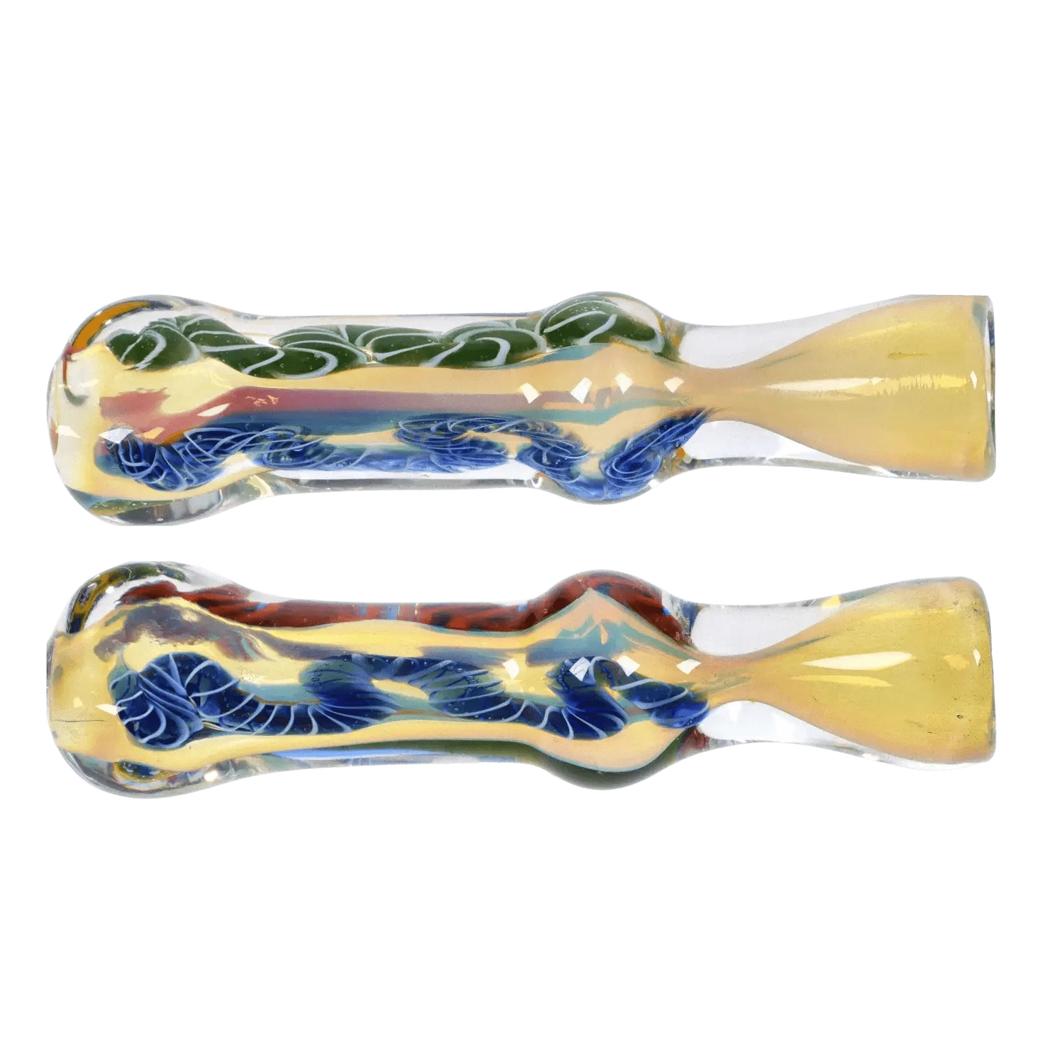 Top-down view of two mirrored glass tubes showing twisted green and blue internal ribbons and yellowish mouthpieces in the DHC Color Twisting Fumed One Hitter.