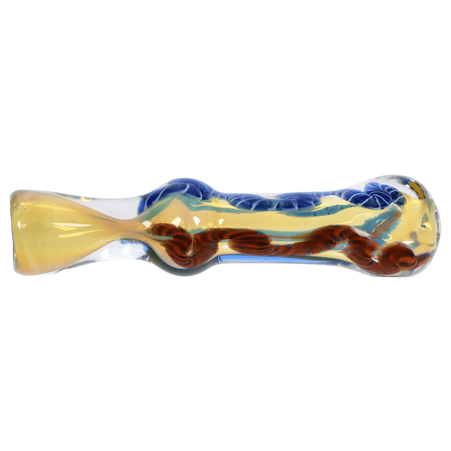 Side profile of the DHC Color Twisting Fumed One Hitter showing a clear glass body with yellow, blue, and red twisted internal ribbons.