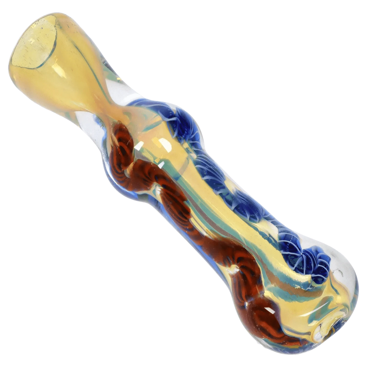 Angled close-up of a twisted glass handpipe showing blue and amber swirls in the DHC Color Twisting Fumed One Hitter