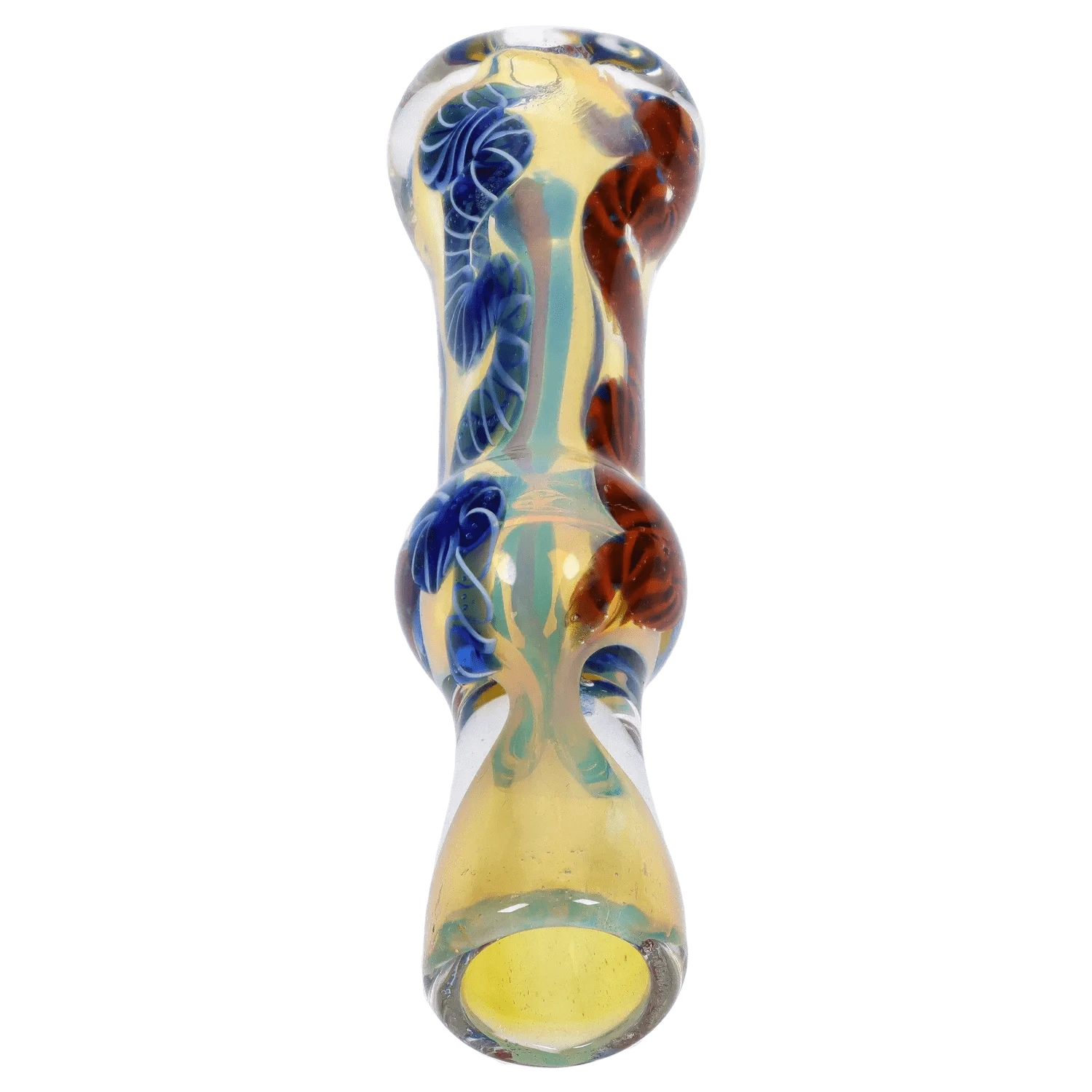 Top-down close-up of the DHC Color Twisting Fumed One Hitter showing its yellow-tinted glass body with blue and red twisted floral patterns.