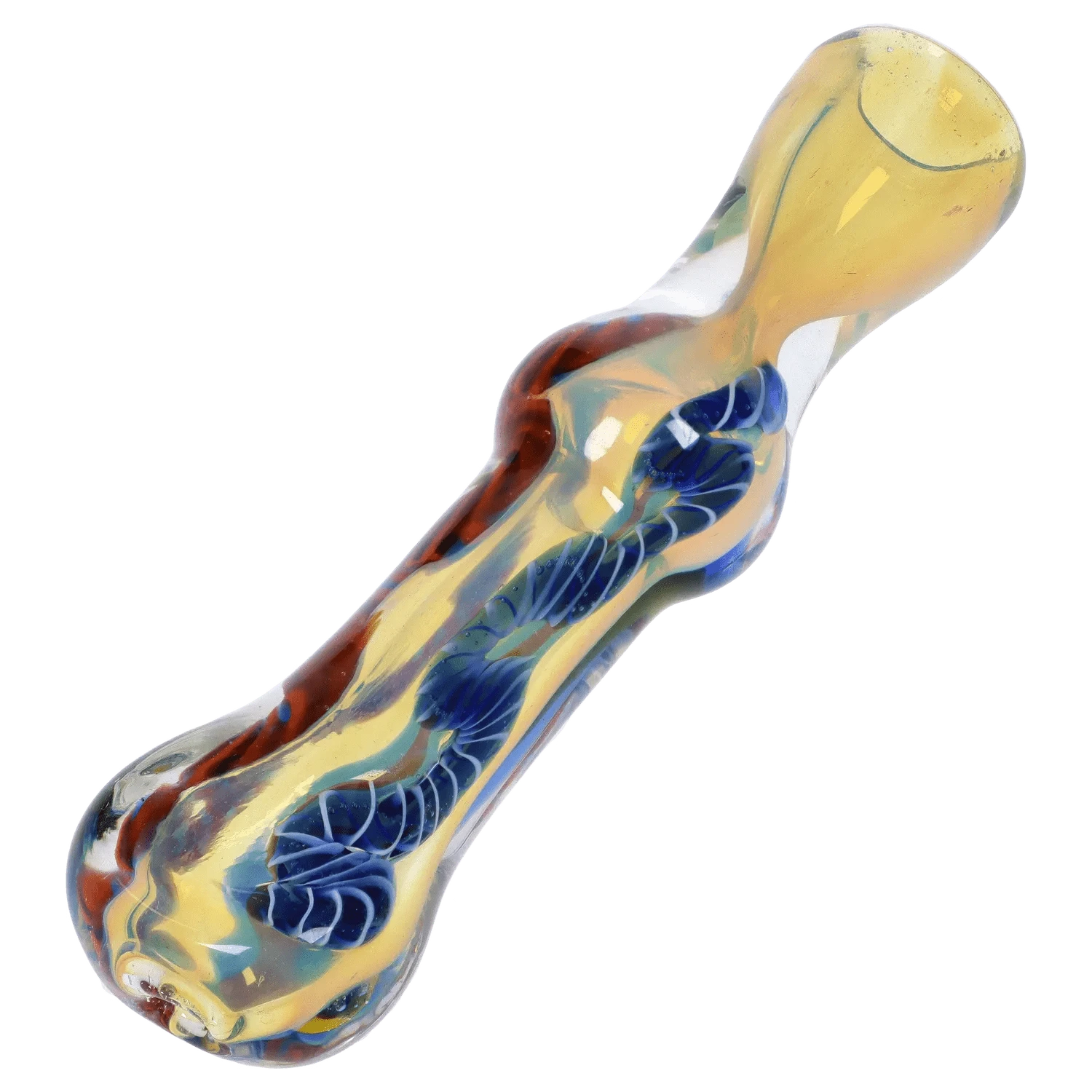 Angled close-up of the hand-blown DHC Color Twisting Fumed One Hitter showing yellow glass with blue and red swirls.