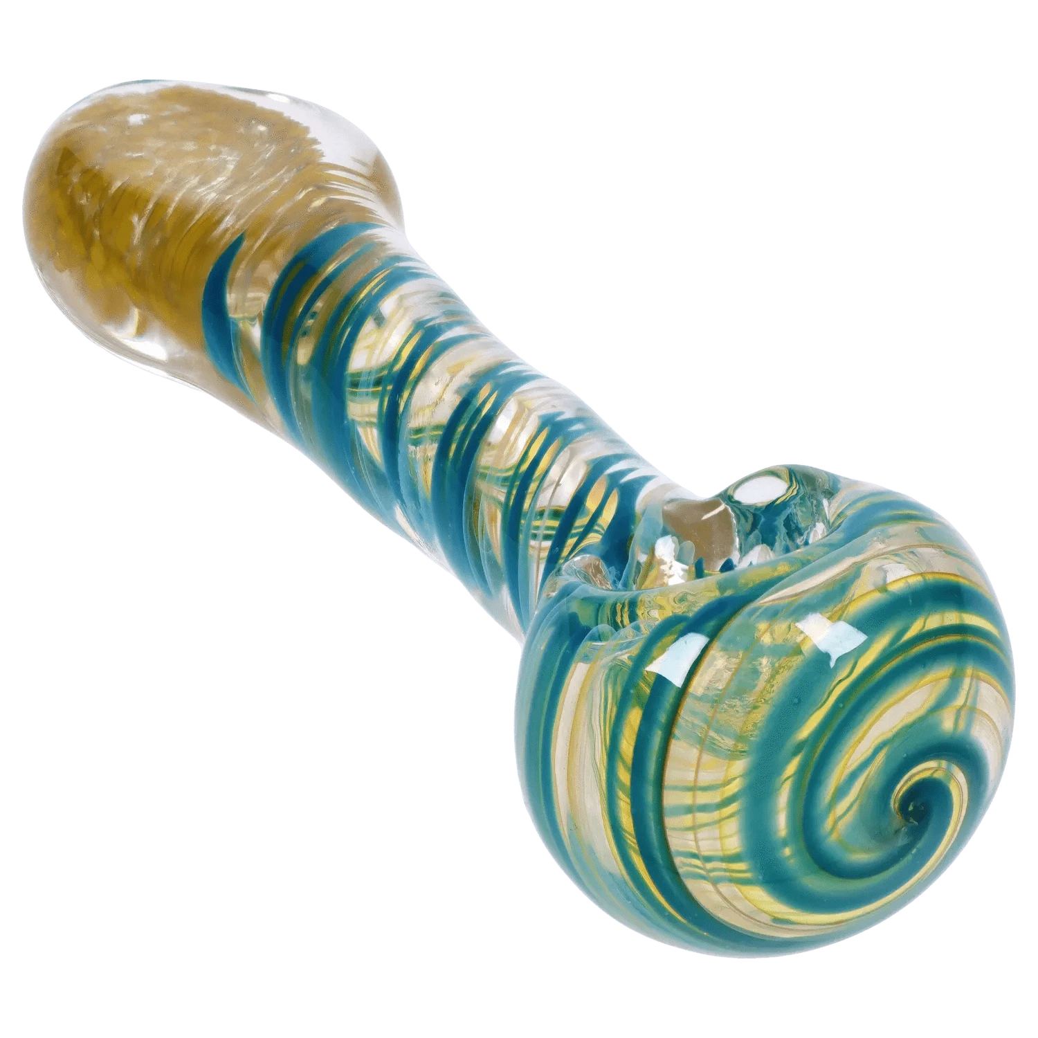 Angled close-up of the glass DHC Colour Twisting Spoon Pipe - 3 in. showing teal spiral ribbons and golden swirls under glossy lighting