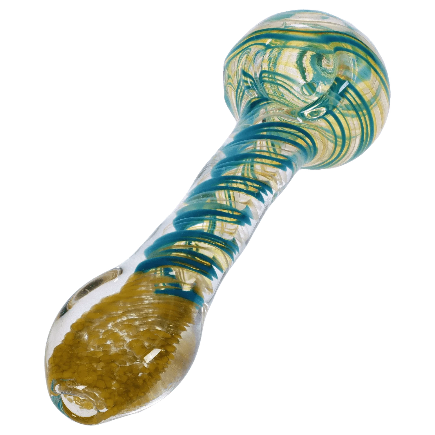 Angled close-up of the glass DHC Colour Twisting Spoon Pipe - 3 in. showing teal spirals and gold flecking along its clear spoon bowl and stem
