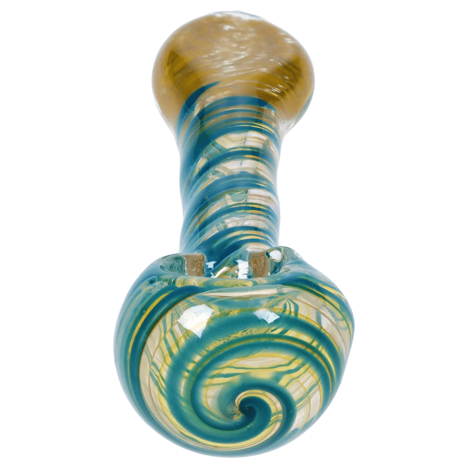 Top-down close-up of the swirled glass bowl and neck of the DHC Colour Twisting Spoon Pipe - 3 in., showing teal and gold spiral patterns.