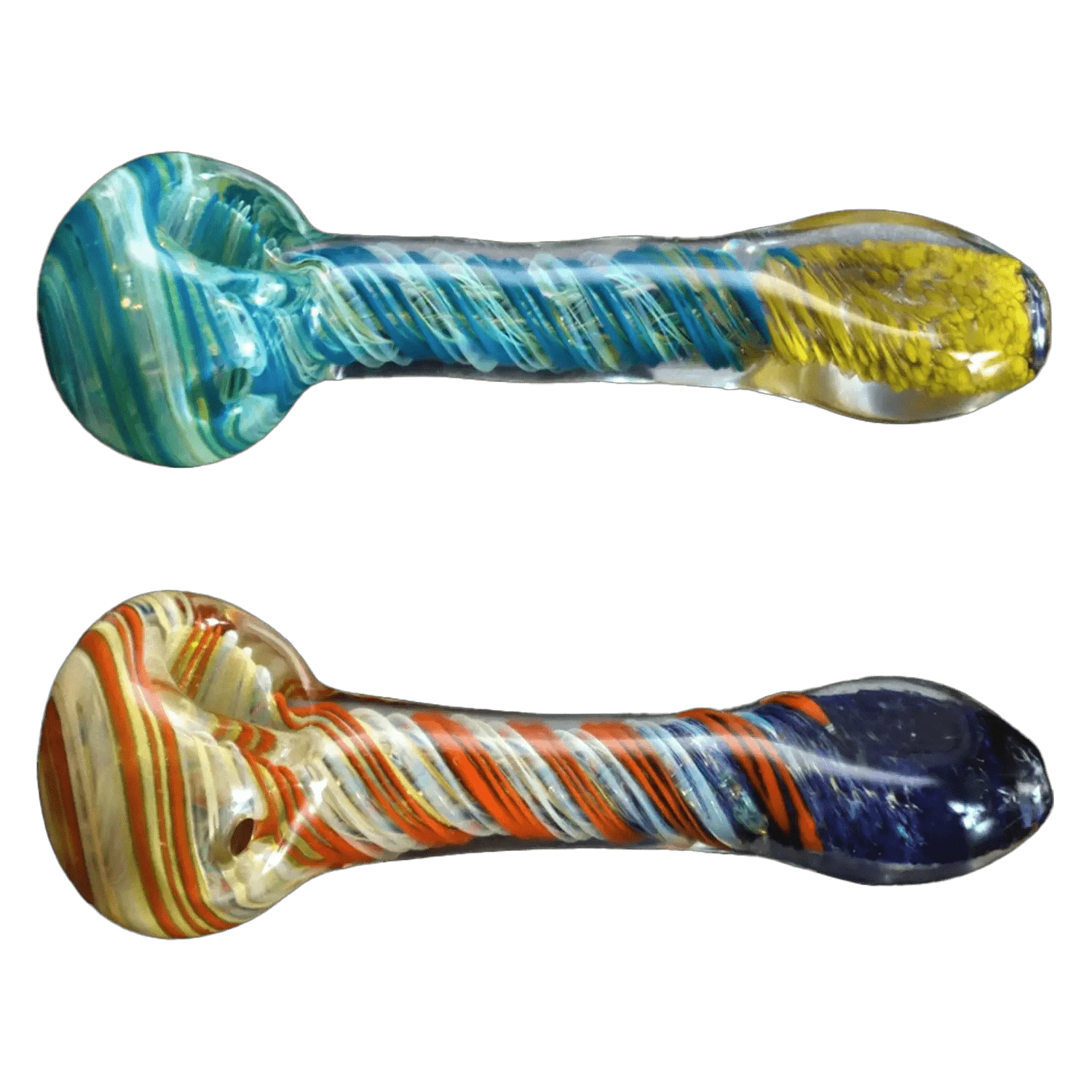 Top-down view of two twisted glass spoon pipes, the upper DHC Colour Twisting Spoon Pipe - 3 in. in teal and yellow swirls and the lower one in red, white and blue.