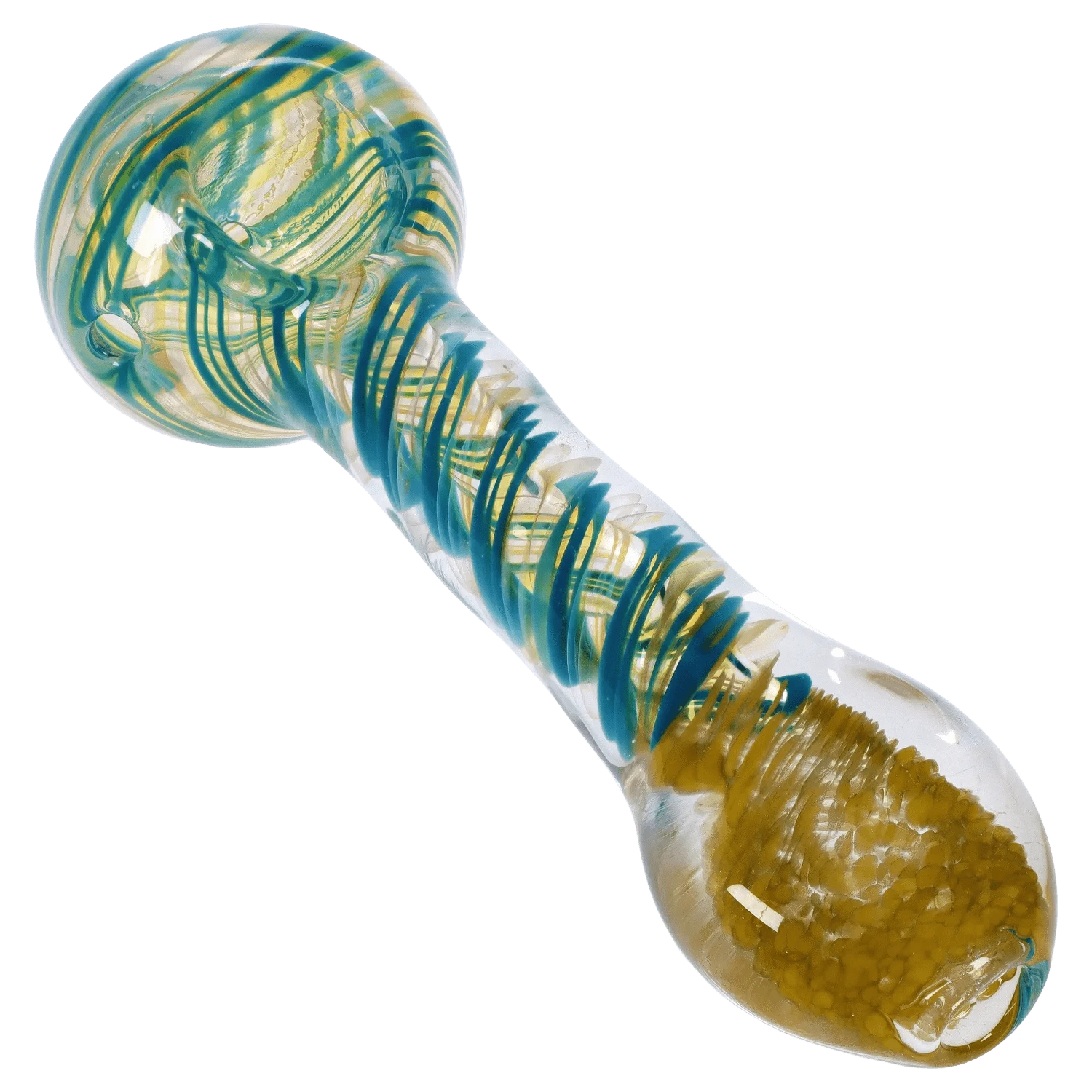 Angled close-up of the DHC Colour Twisting Spoon Pipe - 3 in., showing swirling teal and gold glass ribbons inside the clear bowl and stem