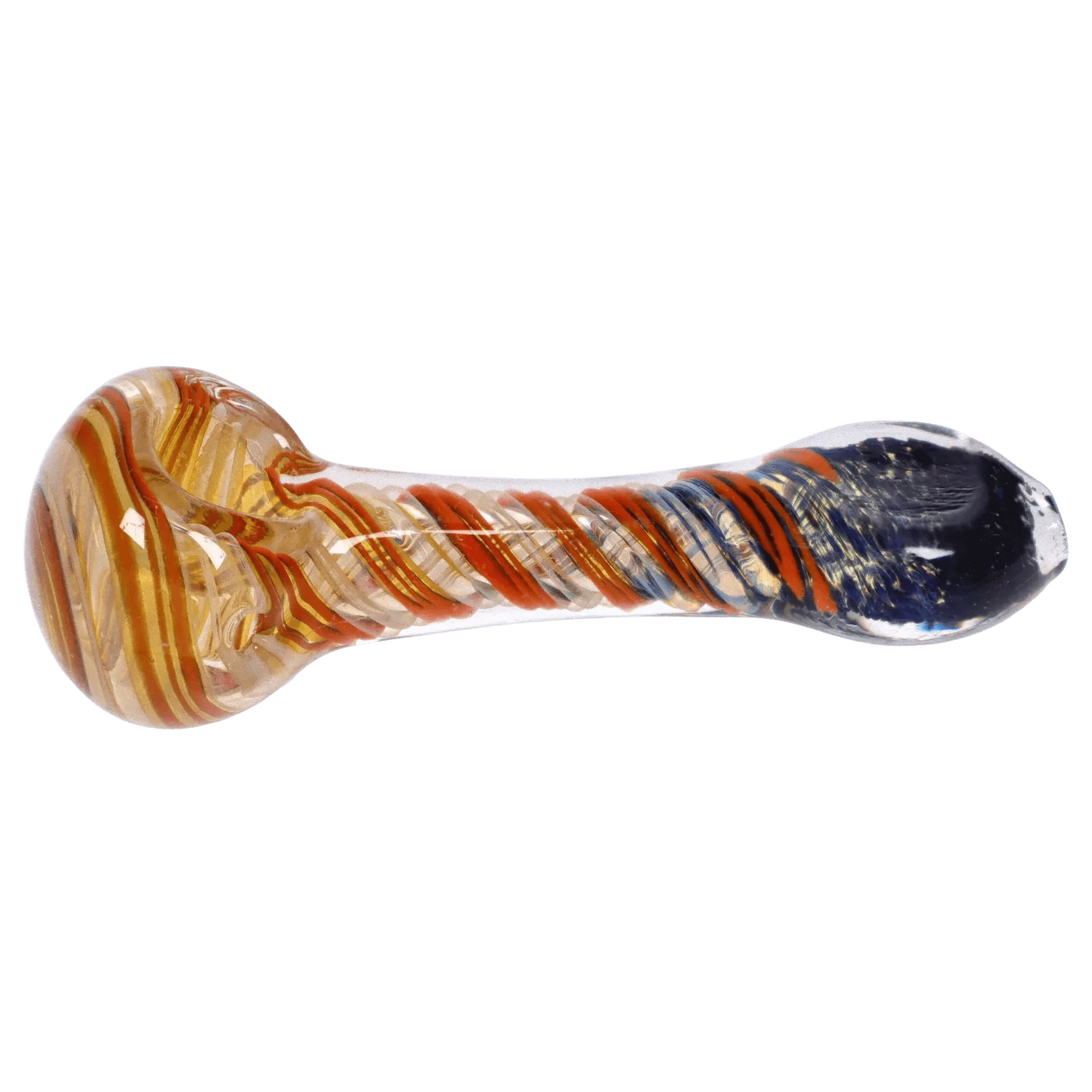 Side view of the DHC Colour Twisting Spoon Pipe - 3 in. showing a clear glass body with orange and blue twisted ribbons and a rounded bowl.