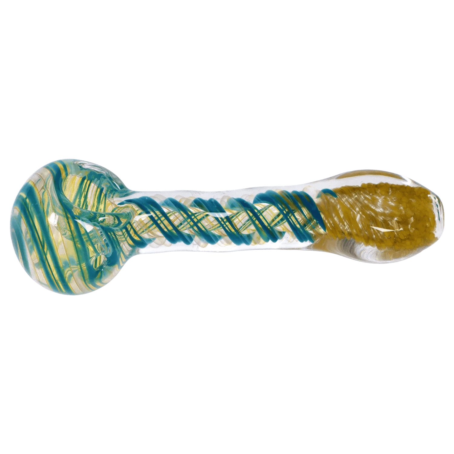 Side view of the DHC Colour Twisting Spoon Pipe - 3 in., showing clear glass with blue and yellow twisted internal ribbons and a textured yellow bowl.