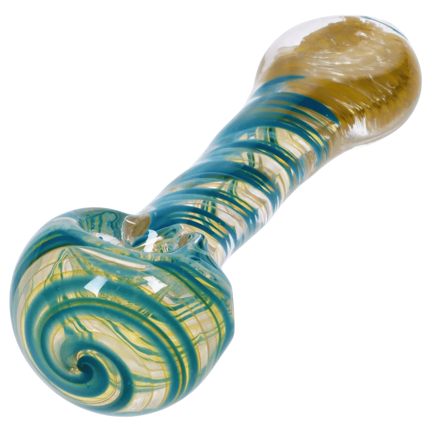 Close-up angled view of the DHC Colour Twisting Spoon Pipe - 3 in. showing teal spiral ribbons wrapped around its clear glass bowl and stem.