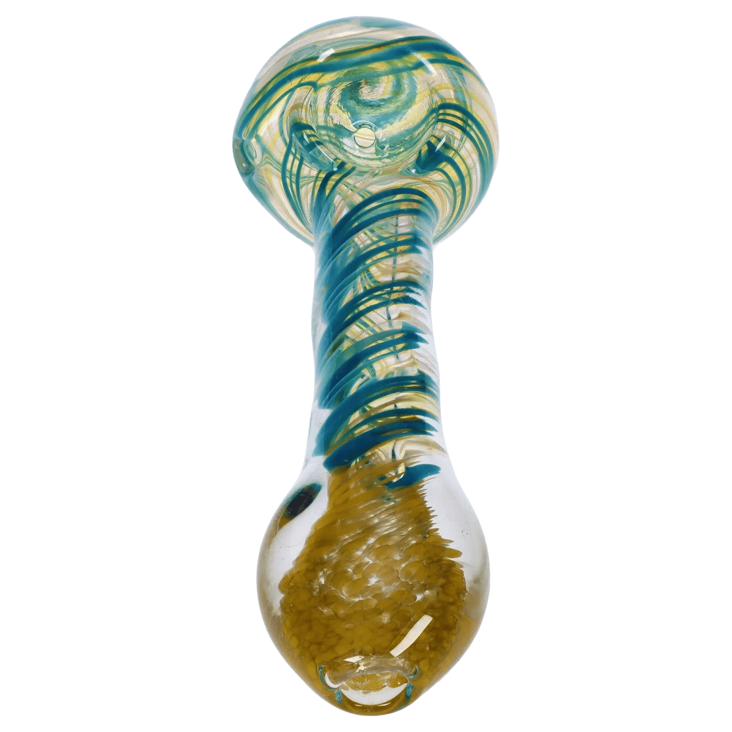 Bottom-up close-up of the DHC Colour Twisting Spoon Pipe - 3 in., showing its glass bowl and swirled teal and gold ribbons along the stem.