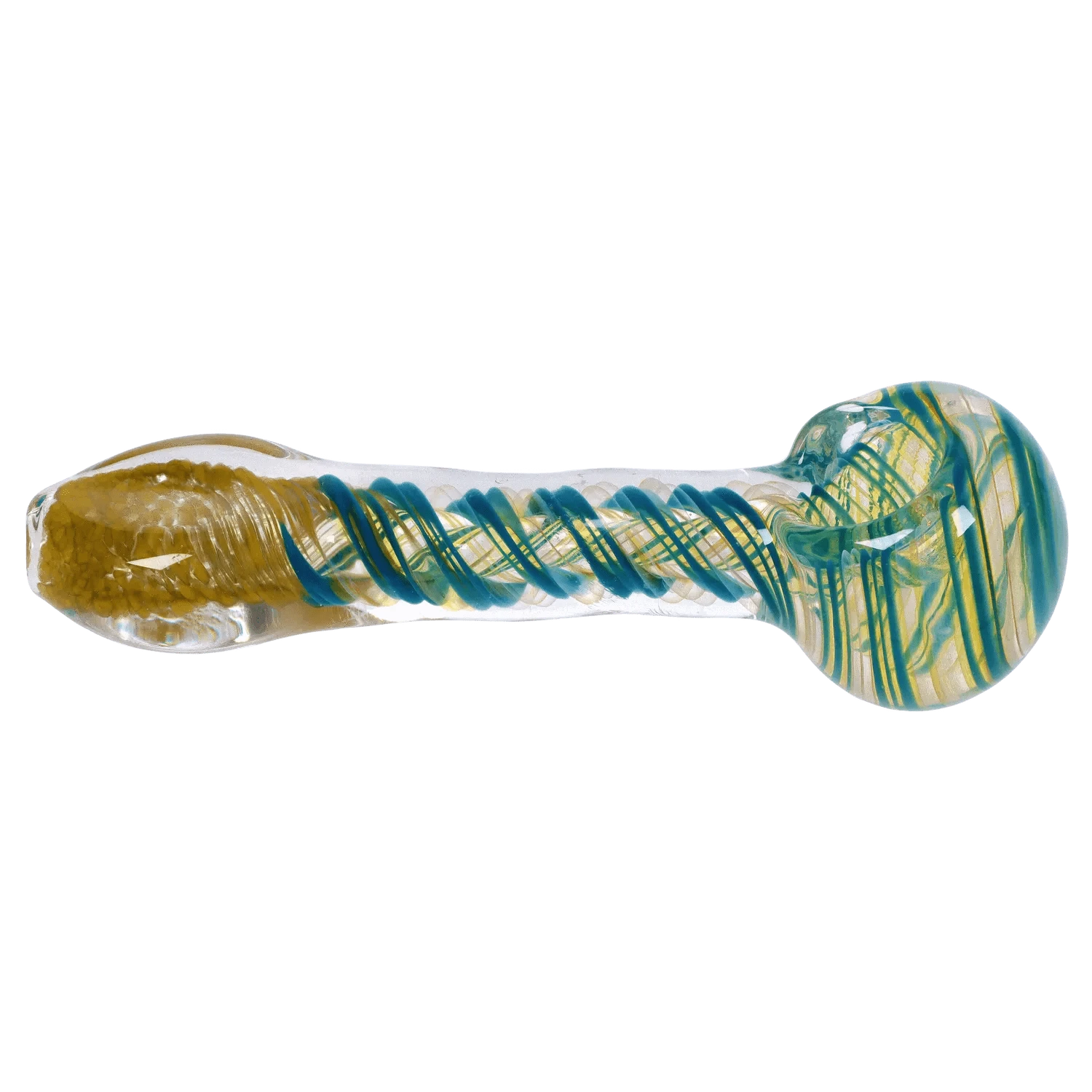 Side view of the DHC Colour Twisting Spoon Pipe - 3 in. showing clear glass with blue and gold spiral ribbons and a rounded bowl.