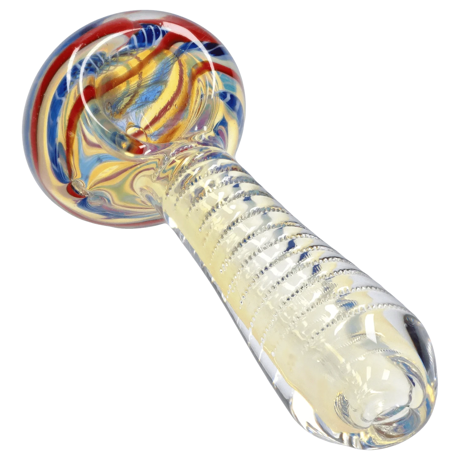Angled close-up of the DHC Engraved Fumed Spoon Pipe - 3 in. showing a swirled multicolor bowl and textured clear glass stem