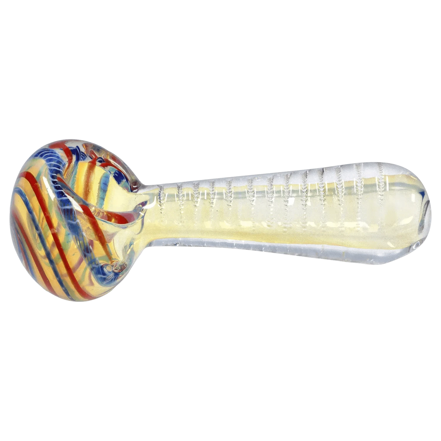 Side profile of the DHC Engraved Fumed Spoon Pipe - 3 in., showing a clear glass body with engraved ribbing and a colorful swirled bowl.