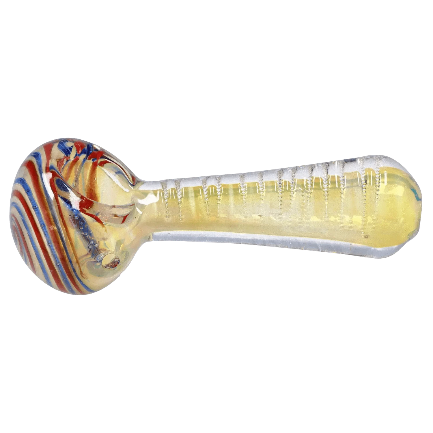 Side view of the DHC Engraved Fumed Spoon Pipe - 3 in., showing its rounded bowl with red and blue swirls and a ribbed translucent yellow stem.