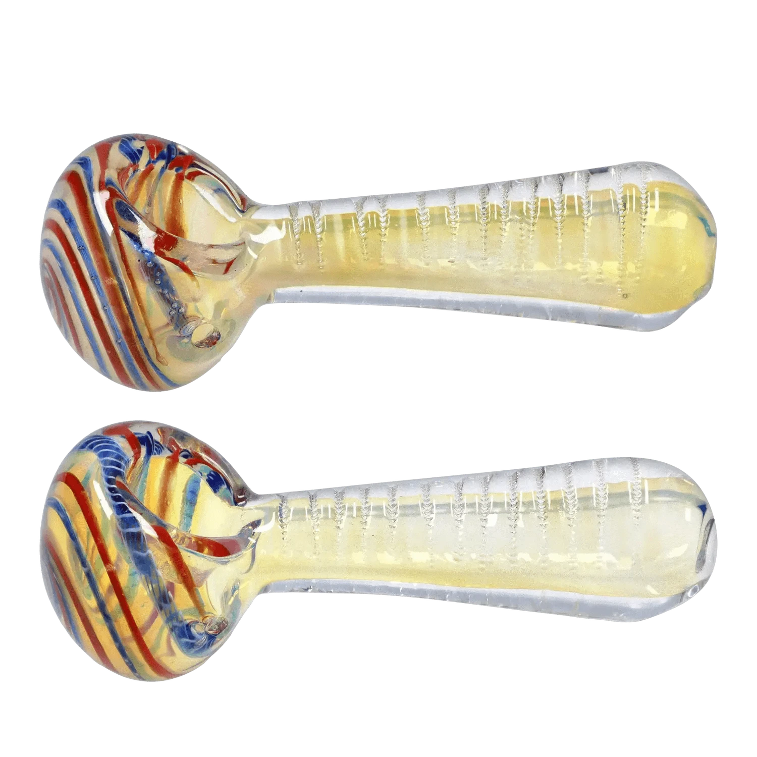Side view of the DHC Engraved Fumed Spoon Pipe - 3 in., showing two identical yellow-tinted glass spoons with red and blue spiral stripes on the bowls.