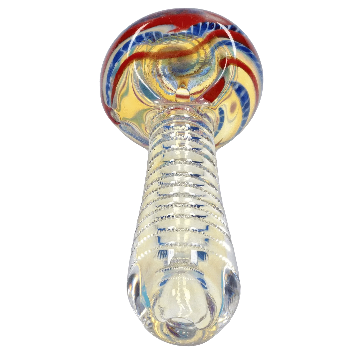Low-angle view of the DHC Engraved Fumed Spoon Pipe - 3 in., showing its ribbed clear stem leading up to a rounded bowl with red and blue swirls.