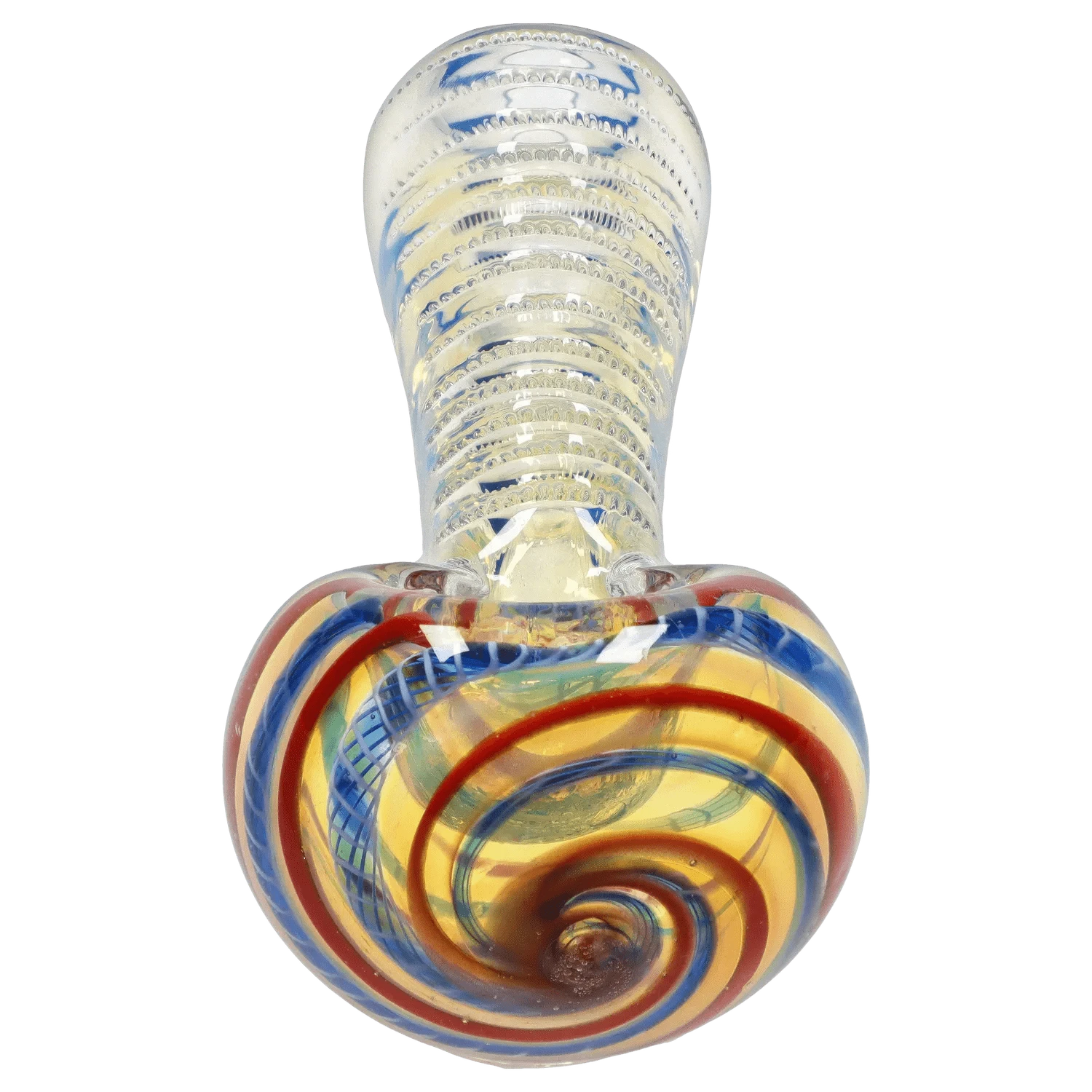 Top-down close-up of the DHC Engraved Fumed Spoon Pipe - 3 in., showing its spiral red and blue swirls over a yellow fumed glass bowl and textured neck.