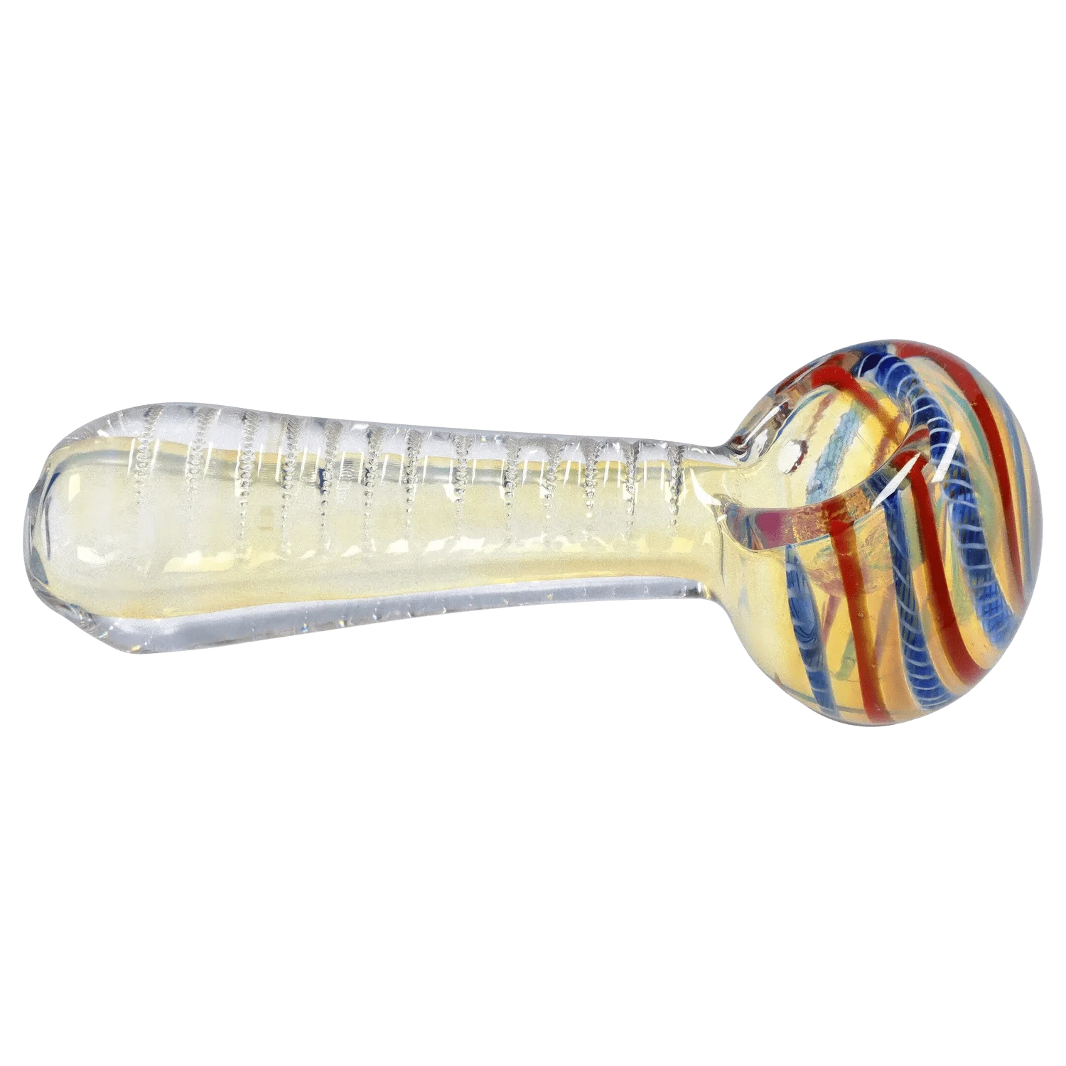 Side view of the DHC Engraved Fumed Spoon Pipe - 3 in. showing a clear fumed glass body with engraved ribbing and a round bowl with red and blue spiral cane accents